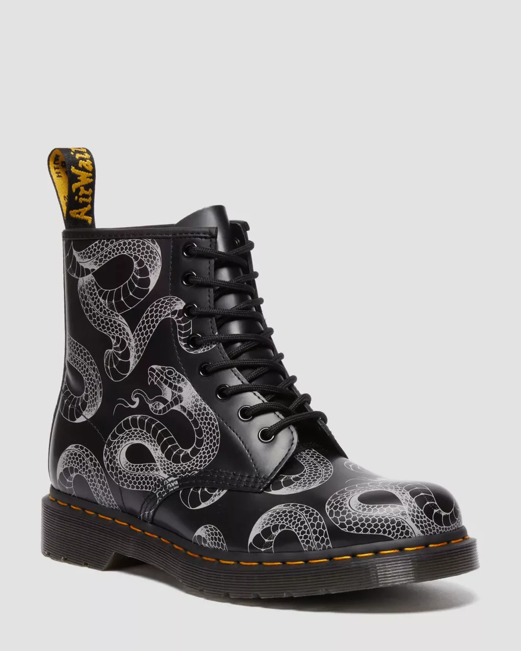 Originals|Ankle Boots>Dr. Martens 1460 Serpent Print Leather Lace Up Boots BLACK — Wild Serpent Smooth
