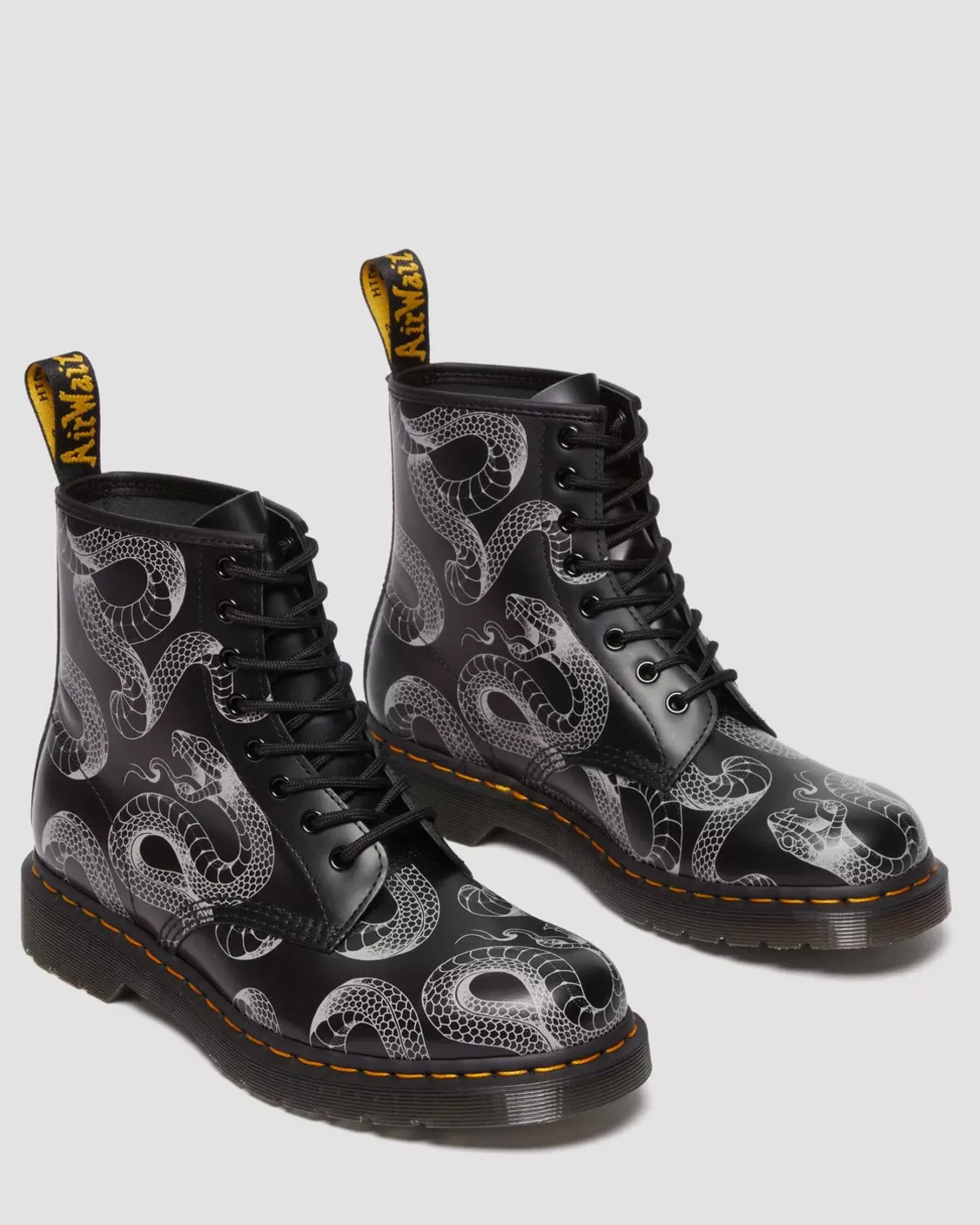 Originals|Ankle Boots>Dr. Martens 1460 Serpent Print Leather Lace Up Boots BLACK — Wild Serpent Smooth