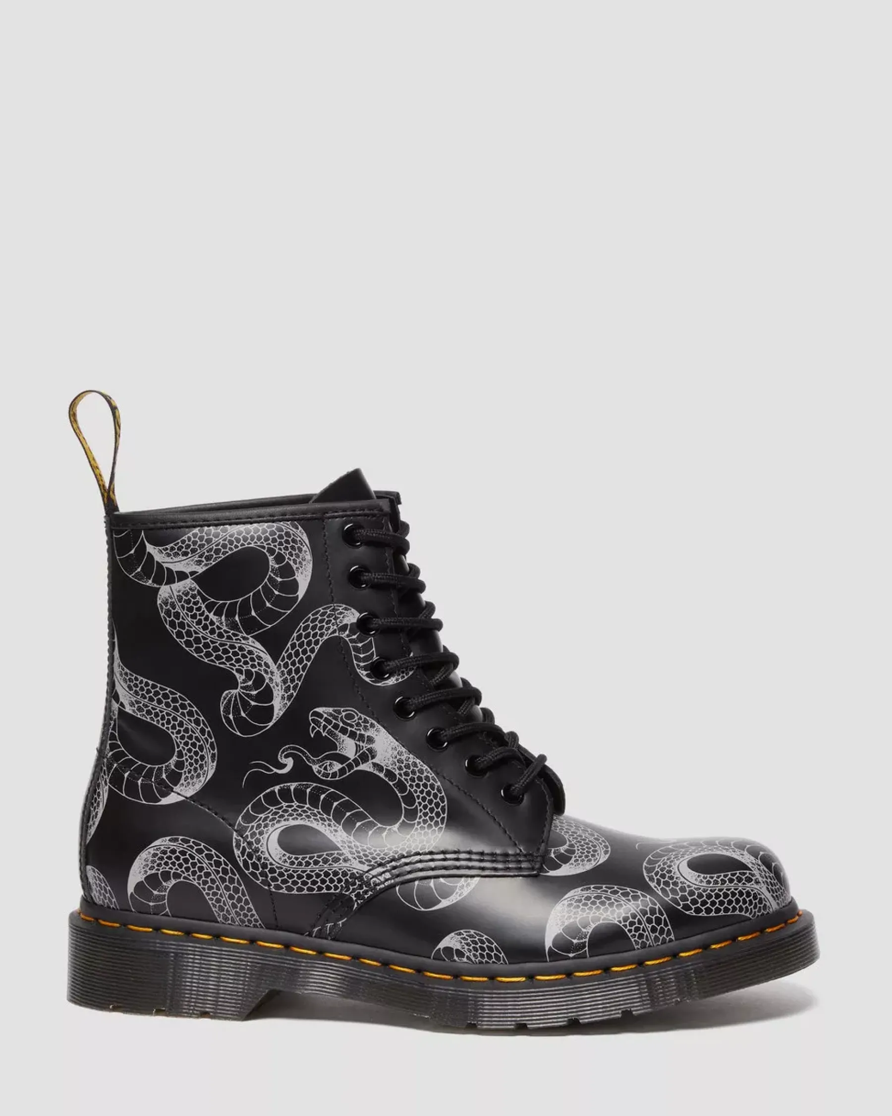 Originals|Ankle Boots>Dr. Martens 1460 Serpent Print Leather Lace Up Boots BLACK — Wild Serpent Smooth