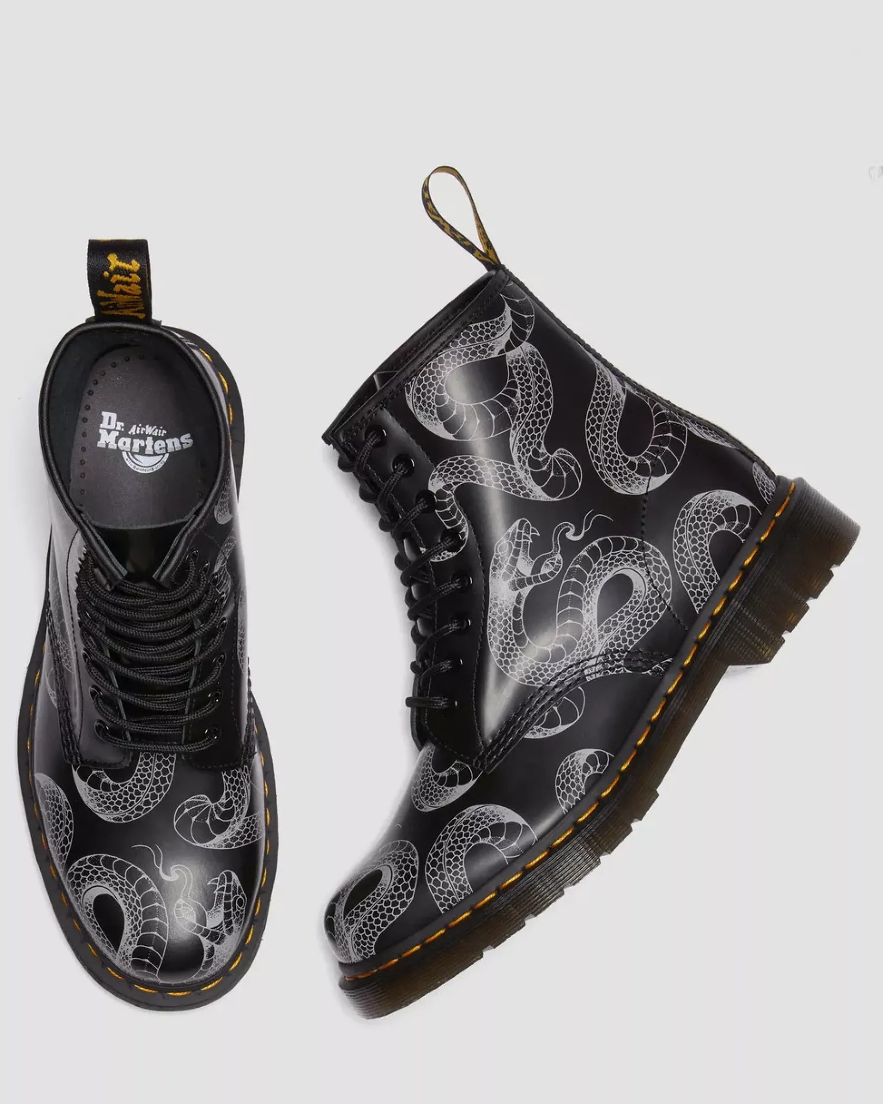Originals|Ankle Boots>Dr. Martens 1460 Serpent Print Leather Lace Up Boots BLACK — Wild Serpent Smooth