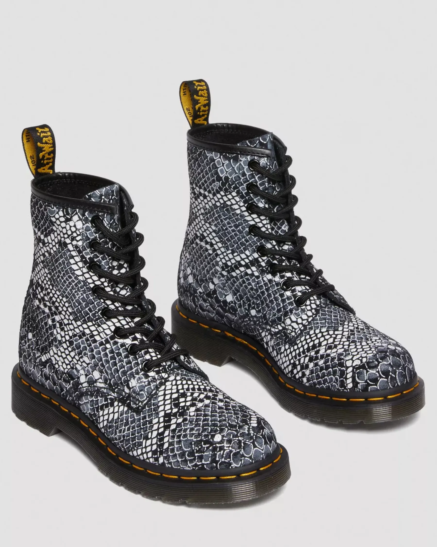 Sale>Dr. Martens 1460 Snake Print Leather Lace Up Boots Grey — Classic Boa Print