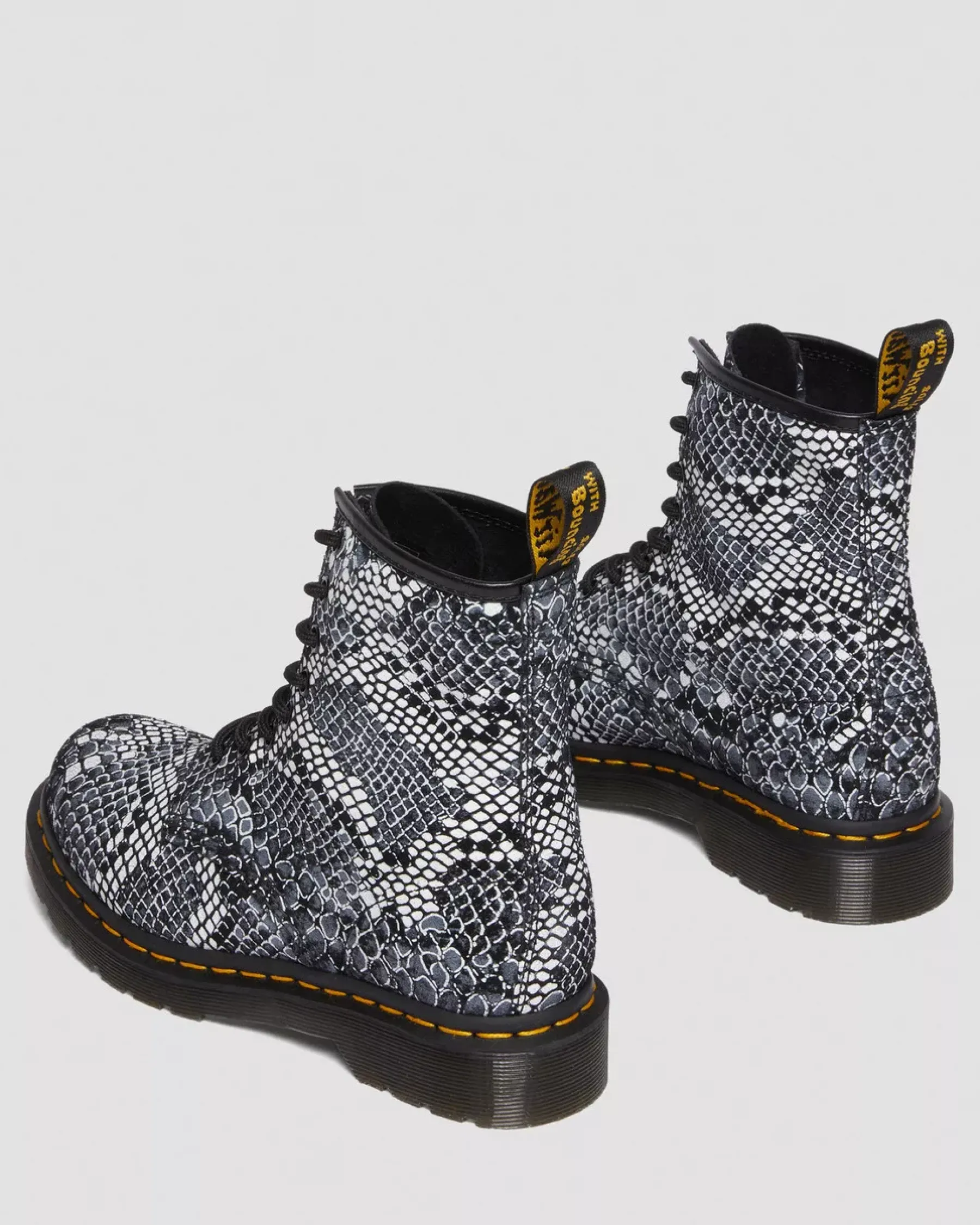Sale>Dr. Martens 1460 Snake Print Leather Lace Up Boots Grey — Classic Boa Print