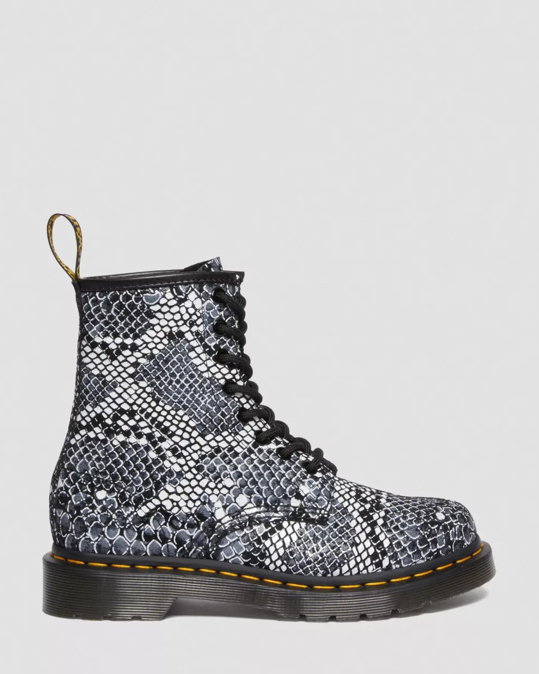 Sale>Dr. Martens 1460 Snake Print Leather Lace Up Boots Grey — Classic Boa Print