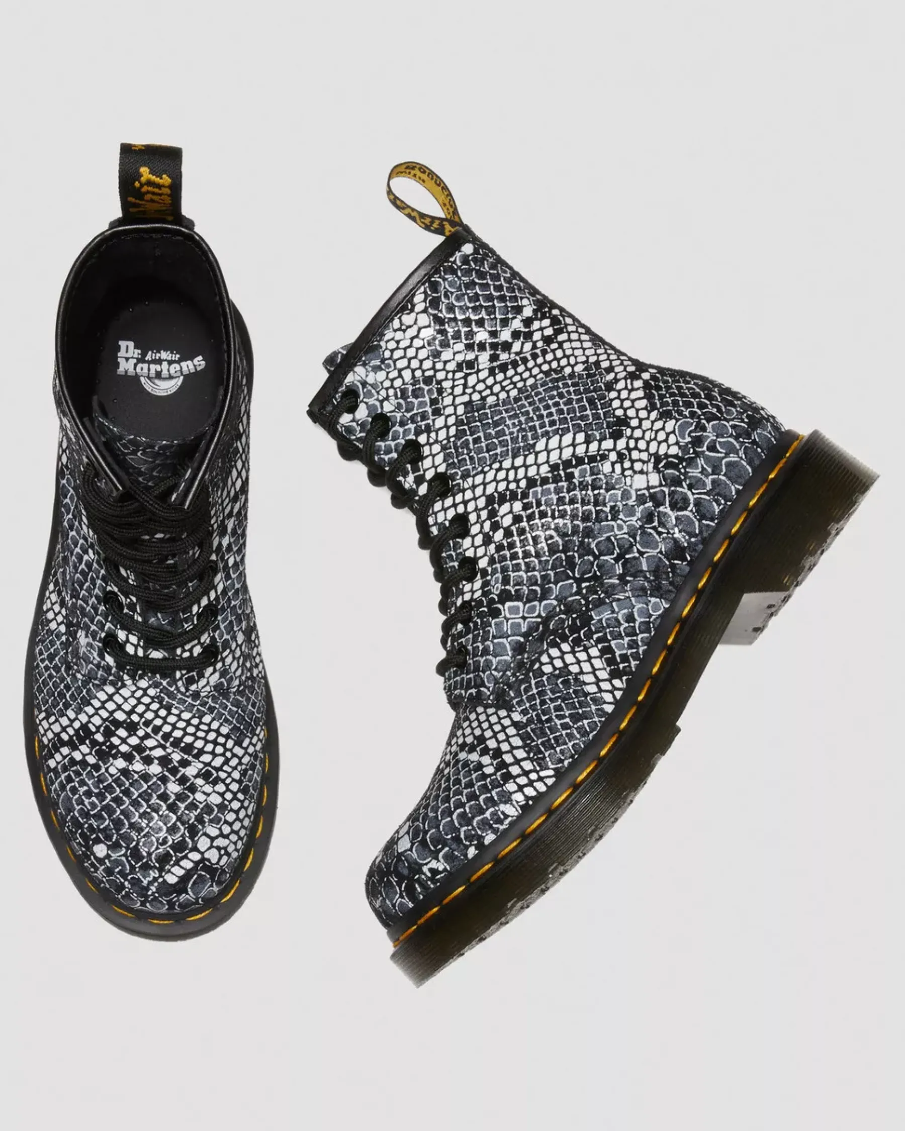 Sale>Dr. Martens 1460 Snake Print Leather Lace Up Boots Grey — Classic Boa Print