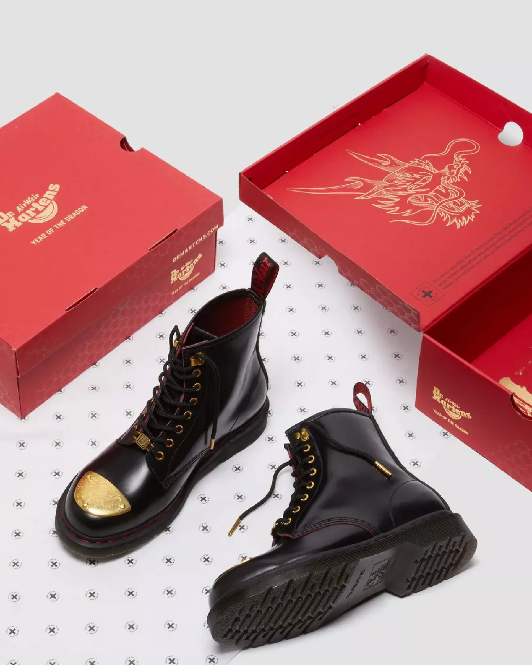 Originals|Ankle Boots>Dr. Martens 1460 Year of the Dragon Leather Lace Up Boots Black+Red+Black — Smooth Slice+Hair On