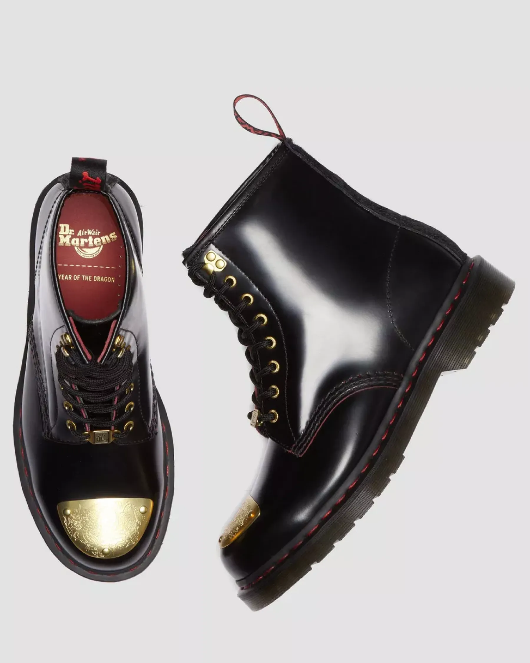 Originals|Ankle Boots>Dr. Martens 1460 Year of the Dragon Leather Lace Up Boots Black+Red+Black — Smooth Slice+Hair On