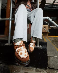 Sale|Originals>Dr. Martens Adrian Snaffle Hair-On Cow Print Kiltie Loafers PECAN BROWN+JERSEY COW PRINT — Repello Calf Suede + Hair On