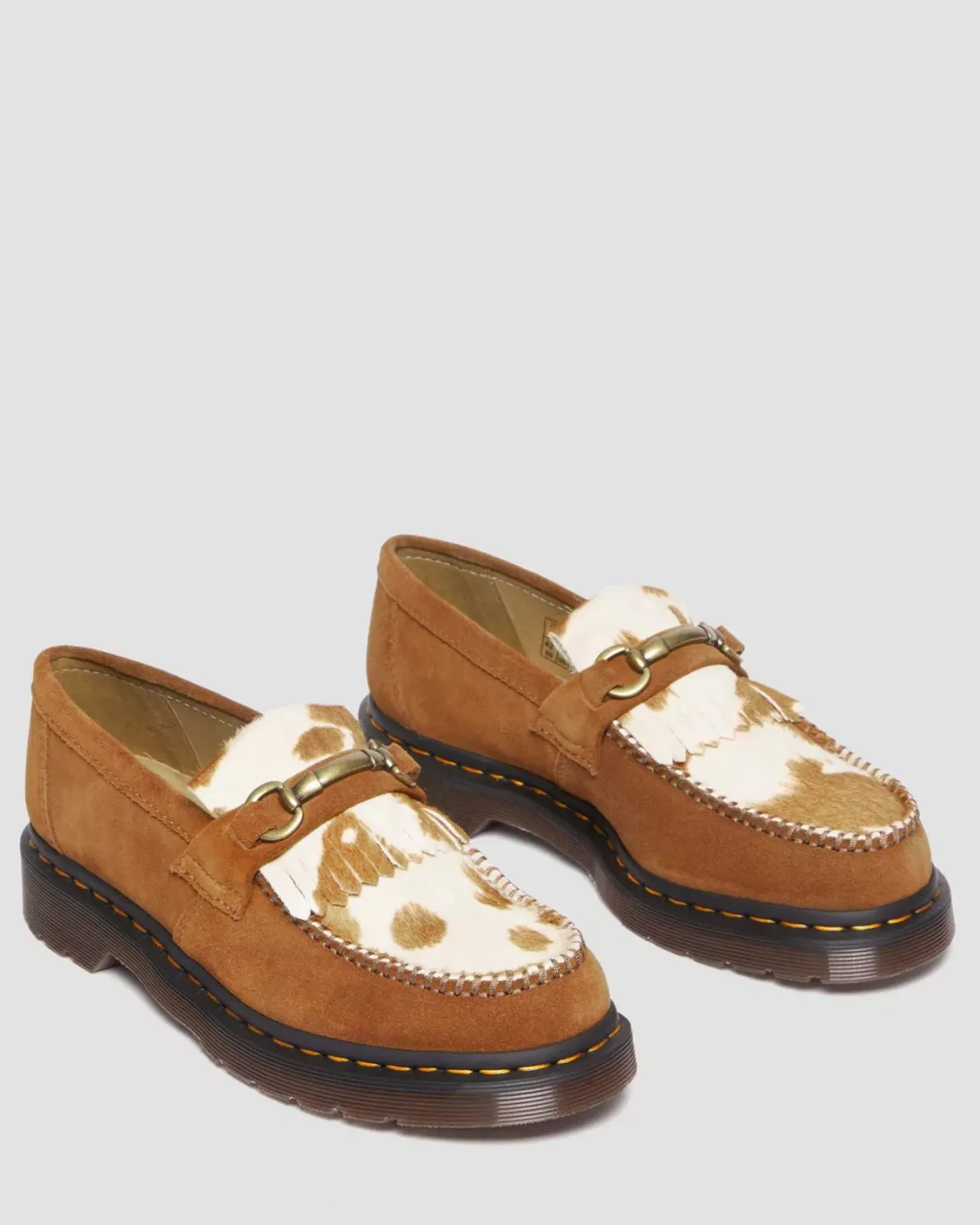 Sale|Originals>Dr. Martens Adrian Snaffle Hair-On Cow Print Kiltie Loafers PECAN BROWN+JERSEY COW PRINT — Repello Calf Suede + Hair On