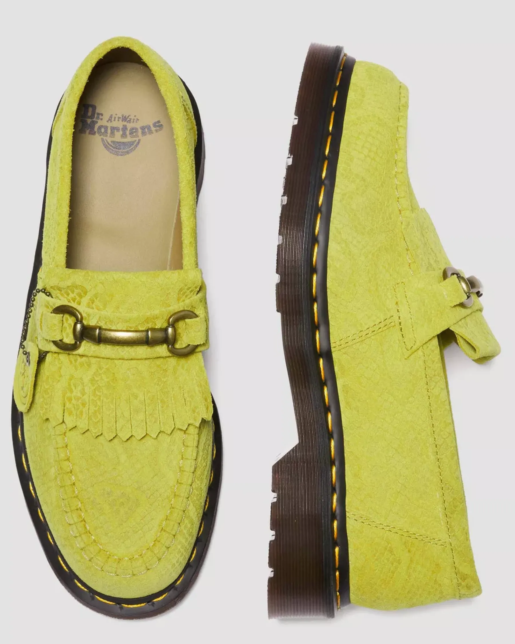 Sale|Originals>Dr. Martens Adrian Snaffle Repello Emboss Suede Kiltie Loafers MOSS GREEN — Repello Calf Suede Python Emboss