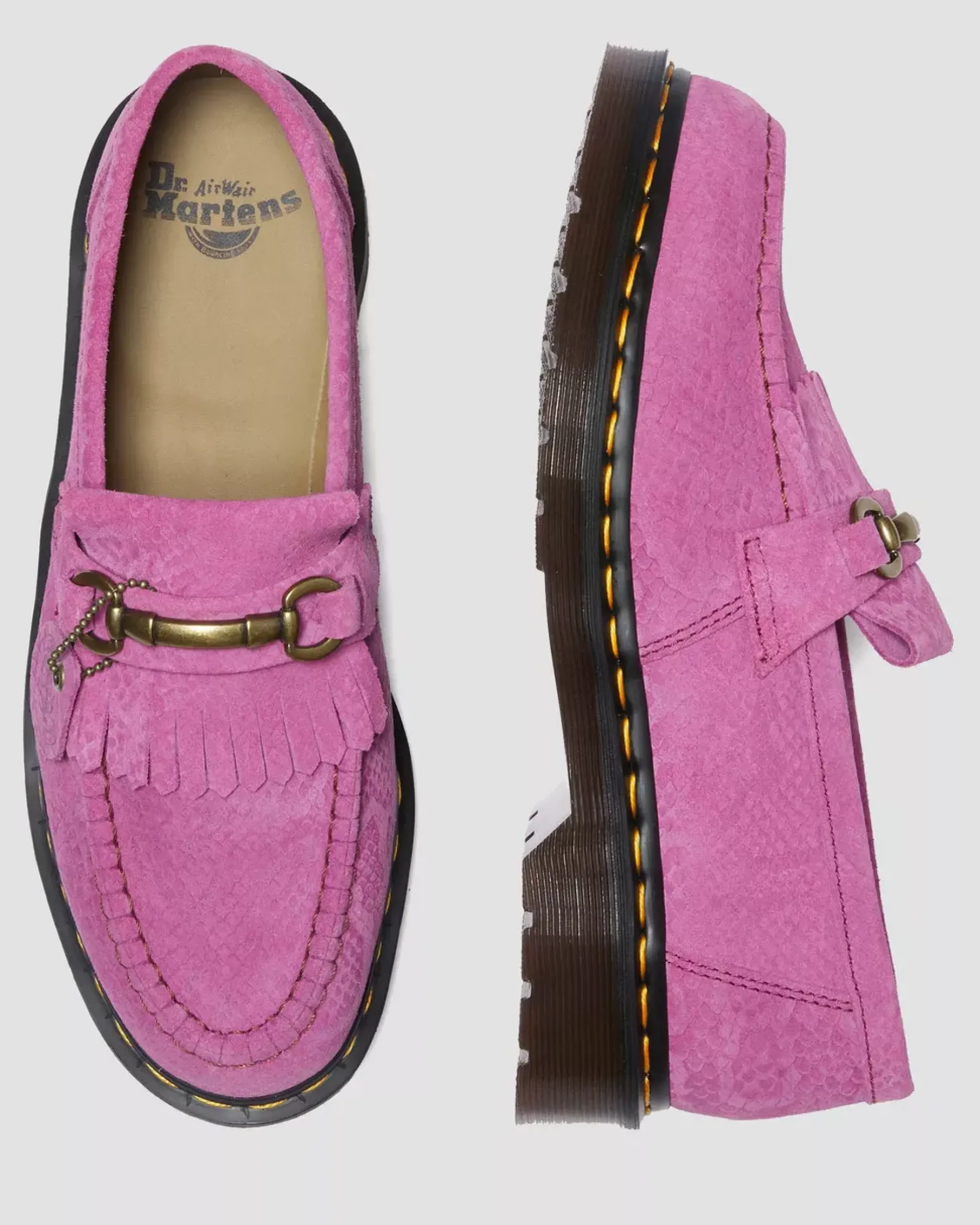 Sale|Originals>Dr. Martens Adrian Snaffle Repello Emboss Suede Kiltie Loafers THRIFT PINK — Repello Calf Suede Python Emboss