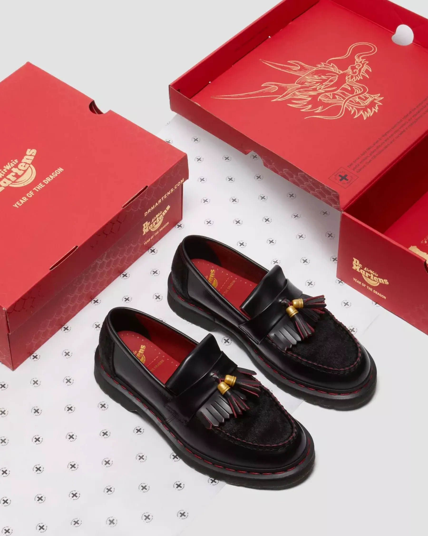 Originals|Shoes>Dr. Martens Adrian Year of the Dragon Hair-On Tassel Loafers Black+Red+Black — Smooth Slice+Hair On