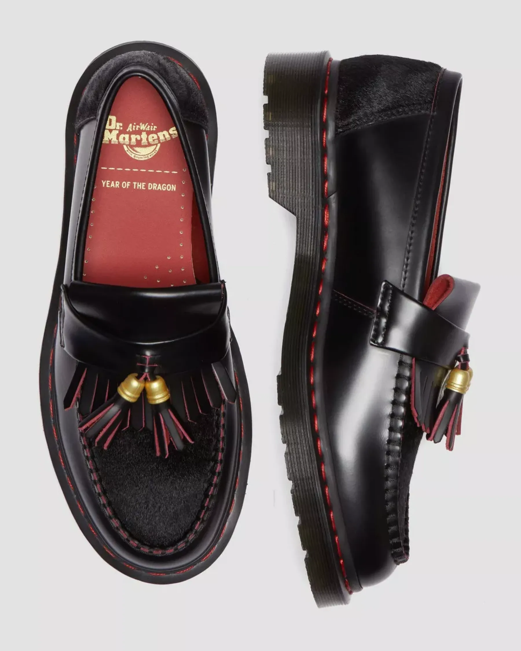 Originals|Shoes>Dr. Martens Adrian Year of the Dragon Hair-On Tassel Loafers Black+Red+Black — Smooth Slice+Hair On