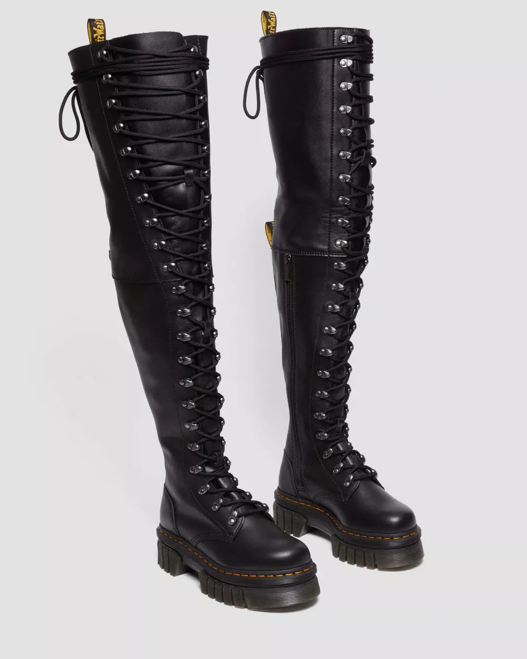 Sale|Platform Boots>Dr. Martens Audrick 22-Eye Extreme Lace Knee High Platform Botos Black — Nappa Lux