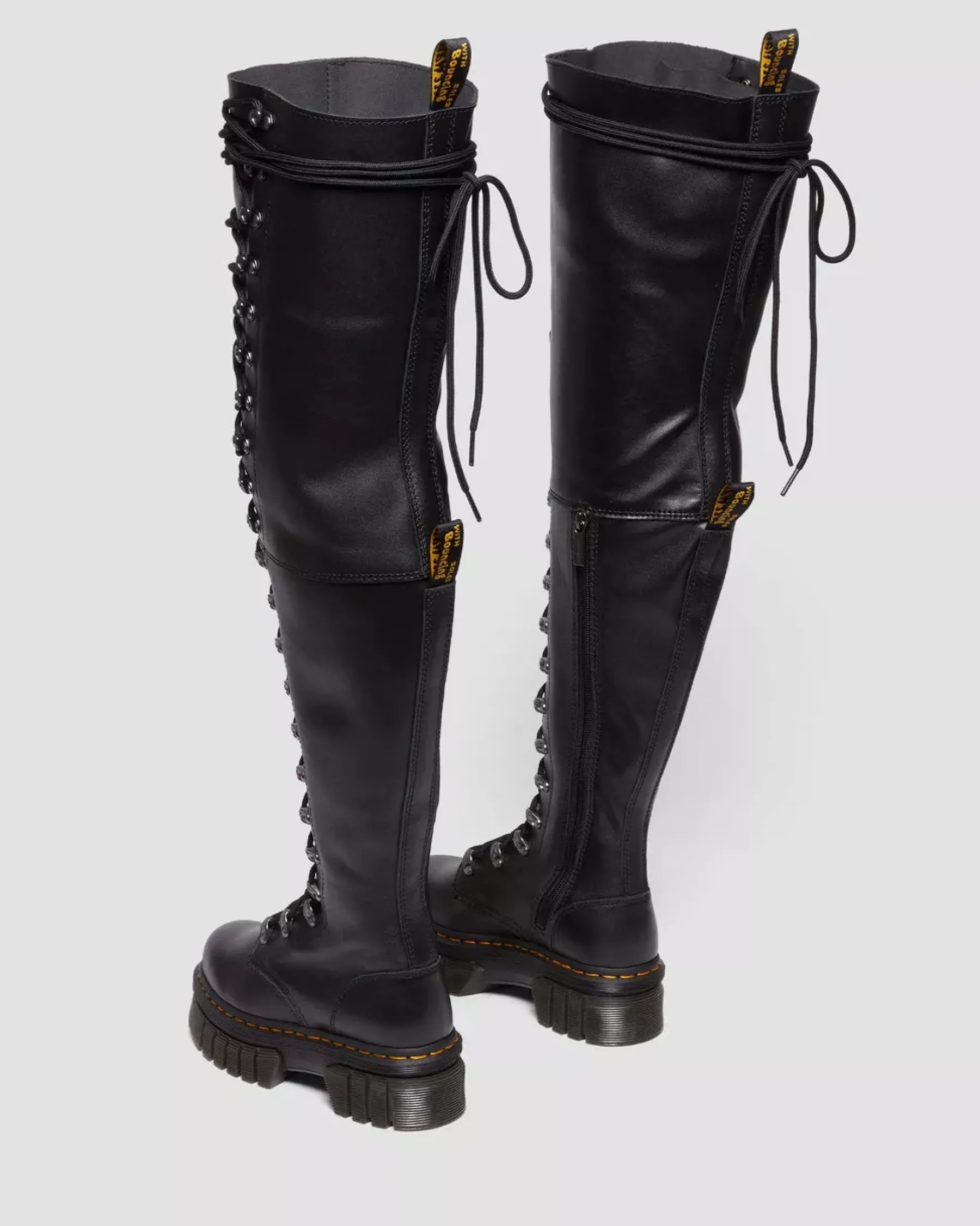 Sale|Platform Boots>Dr. Martens Audrick 22-Eye Extreme Lace Knee High Platform Botos Black — Nappa Lux