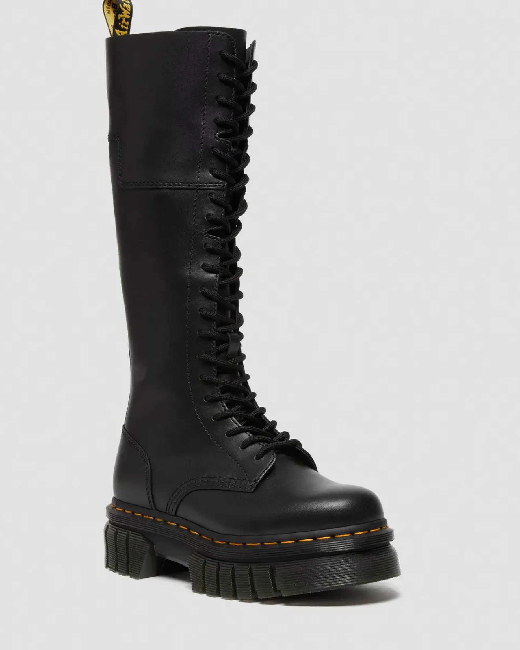Platform Boots|Platforms>Dr. Martens Audrick 20-Eye Leather Knee High Platform Boots Black — Nappa Lux