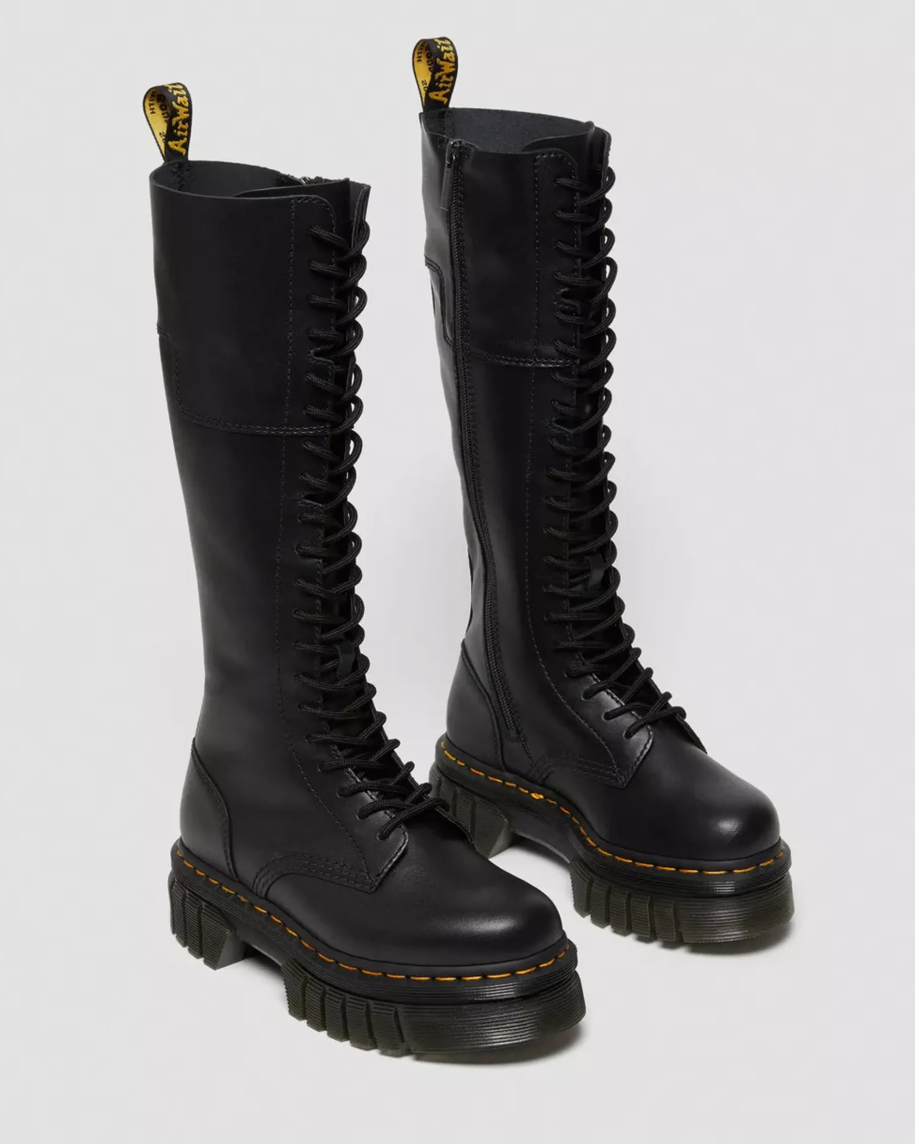 Platform Boots|Platforms>Dr. Martens Audrick 20-Eye Leather Knee High Platform Boots Black — Nappa Lux