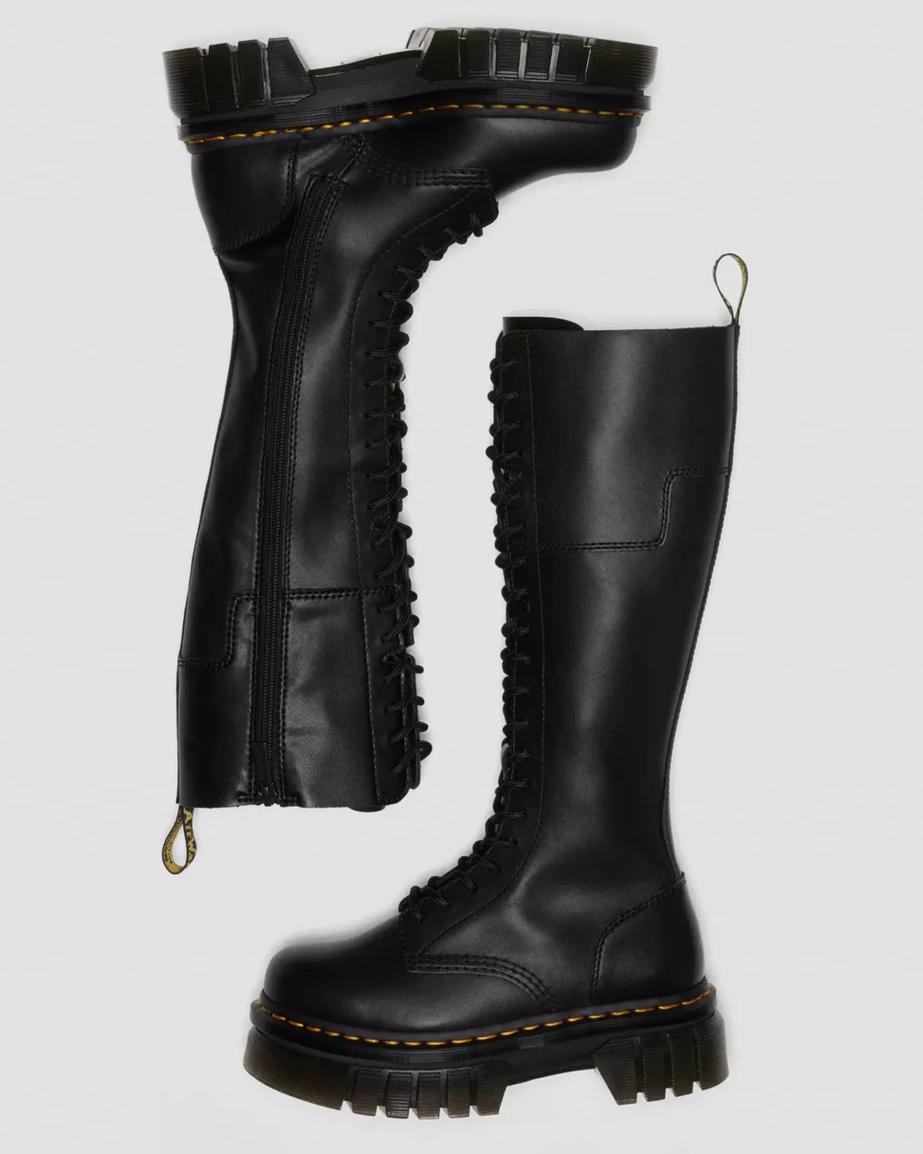 Platform Boots|Platforms>Dr. Martens Audrick 20-Eye Leather Knee High Platform Boots Black — Nappa Lux