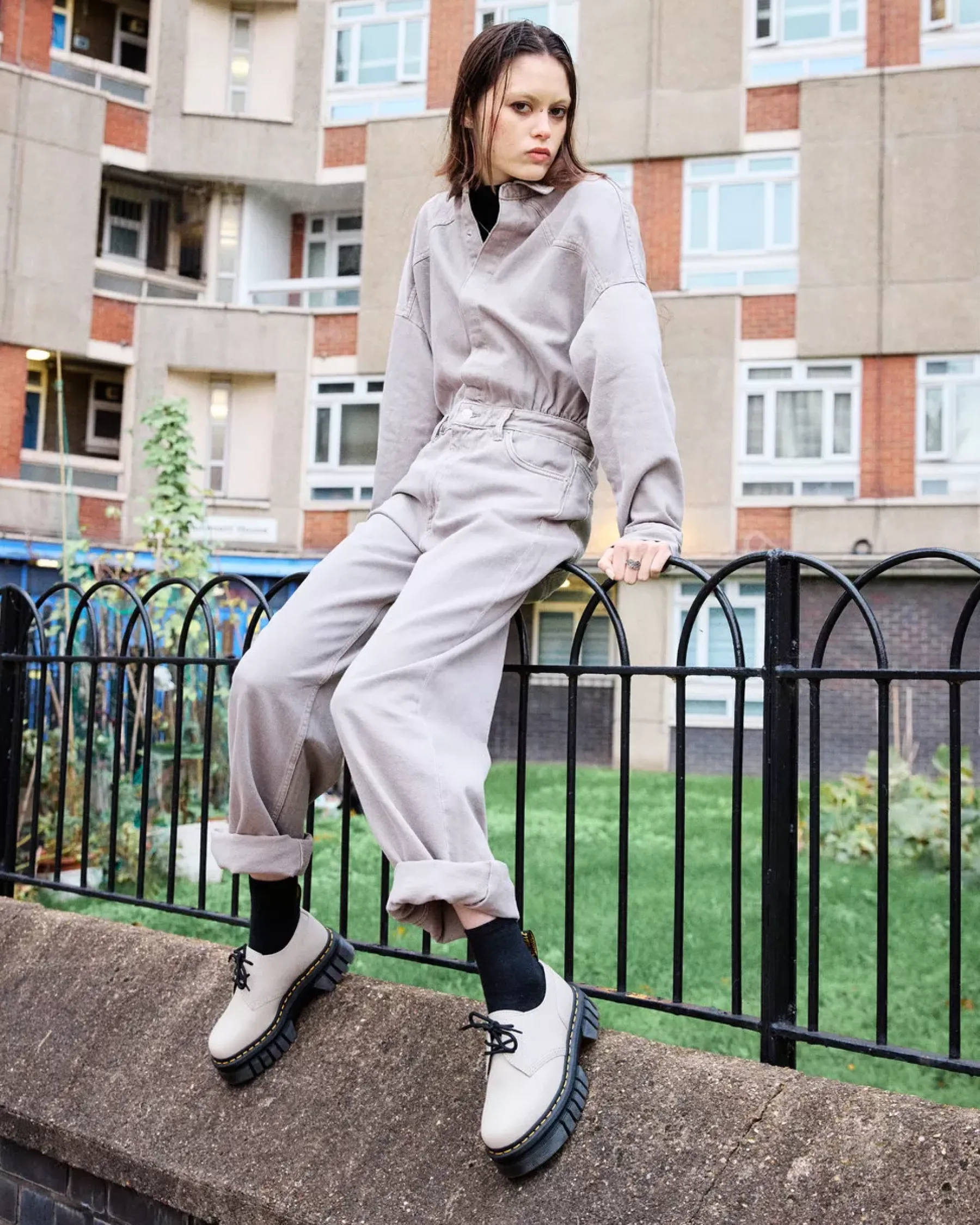 Platform Shoes|Oxfords>Dr. Martens Audrick Nappa Leather Platform Shoes Cobblestone Grey — Nappa Lux