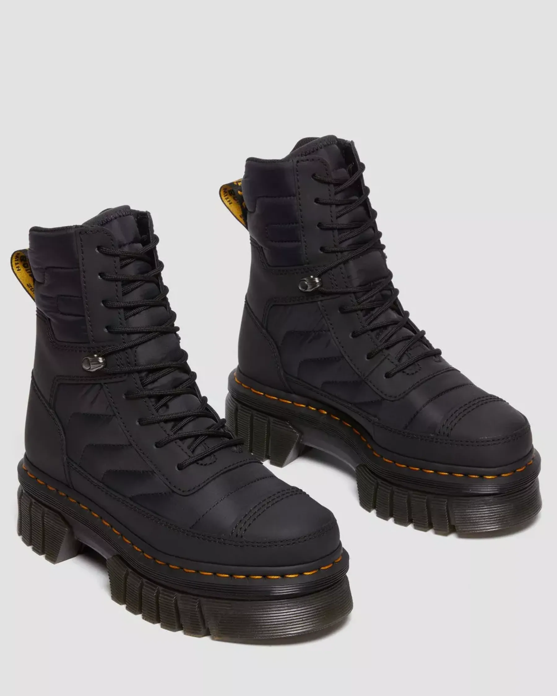 Platform Boots|Winter Boots>Dr. Martens Audrick Quilted Platform Ankle Boots BLACK — Rubberised Leather+Warm Quilted