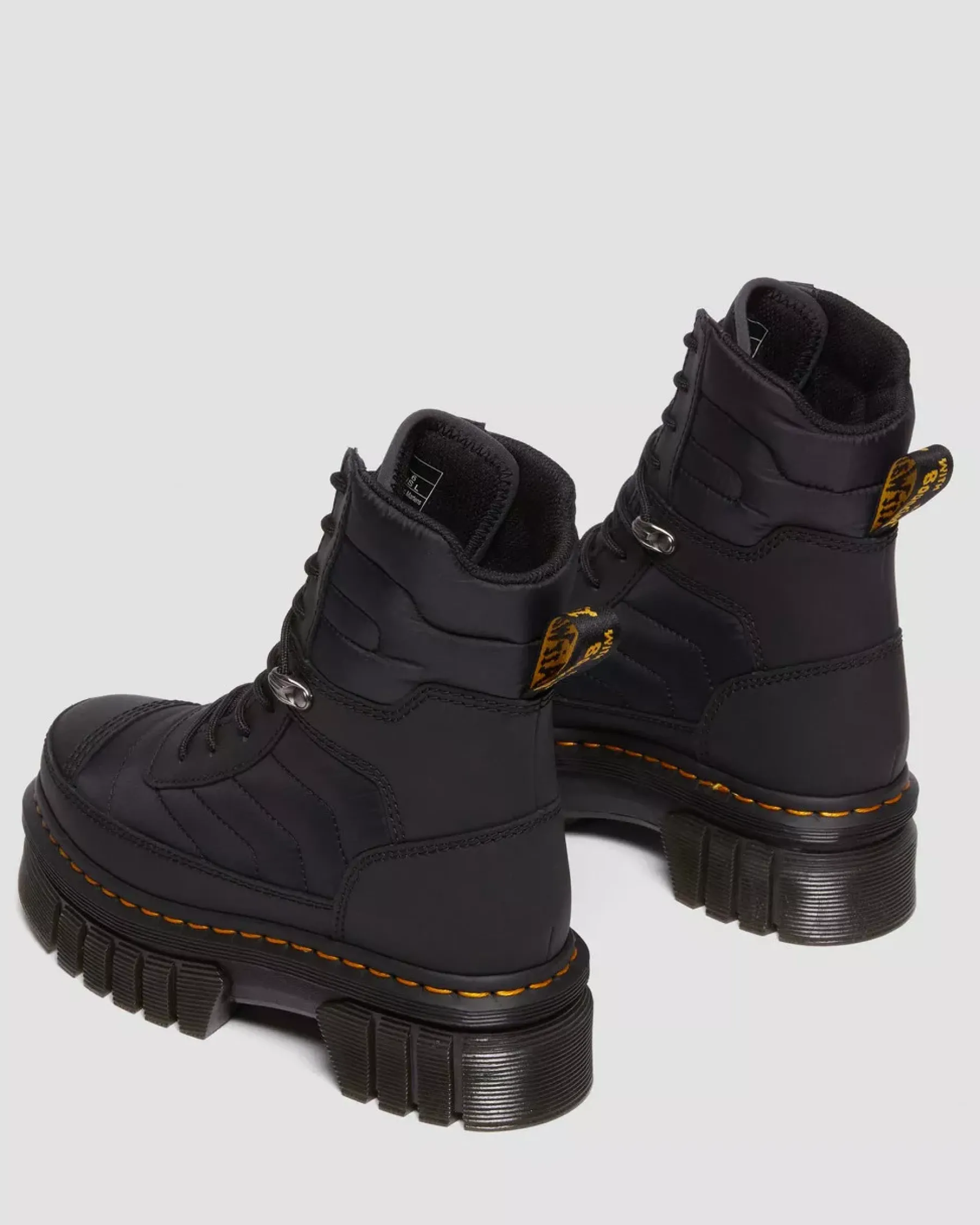 Platform Boots|Winter Boots>Dr. Martens Audrick Quilted Platform Ankle Boots BLACK — Rubberised Leather+Warm Quilted