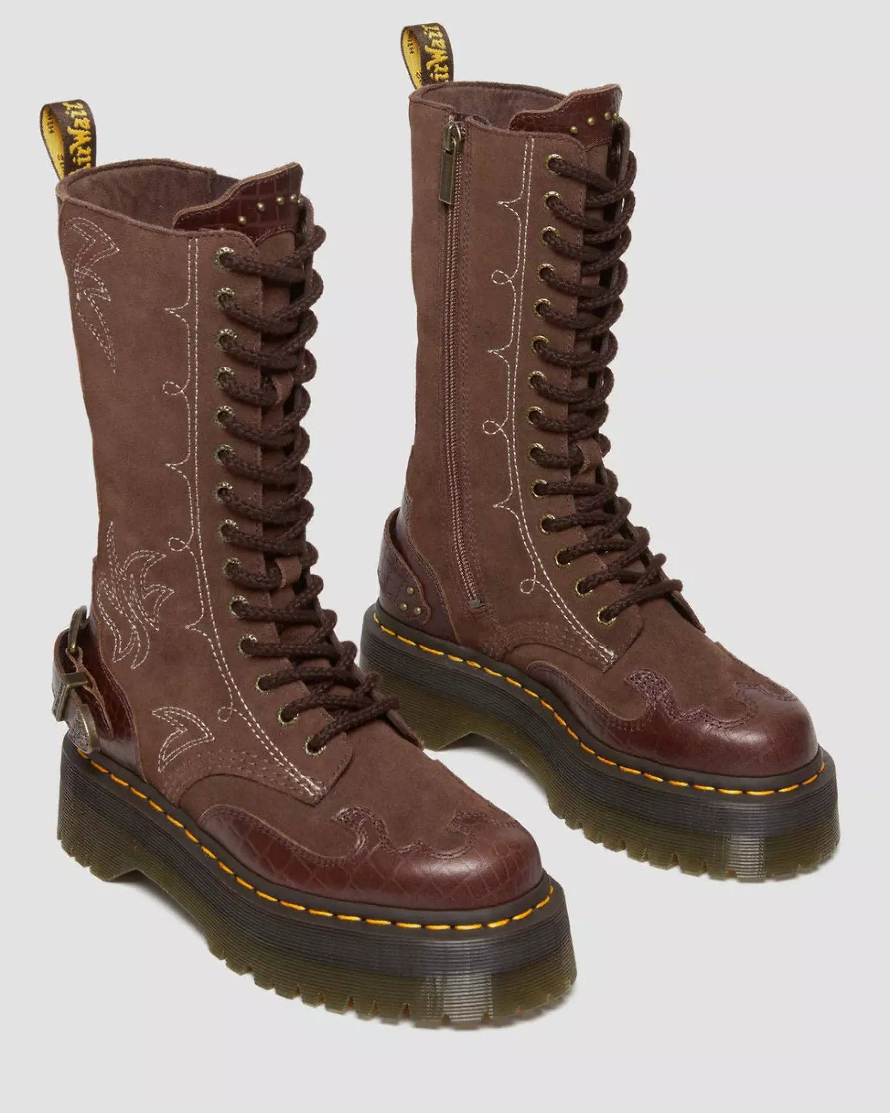 Platform Boots|Platforms>Dr. Martens 1B99 Gothic Americana Leather Mid Calf Platform Boots Dark Brown