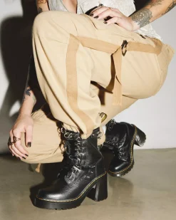 Heeled Boots|Boots>Dr. Martens Chesney Piercing Leather Flared Heel Lace Up Boots Black — Milled Nappa