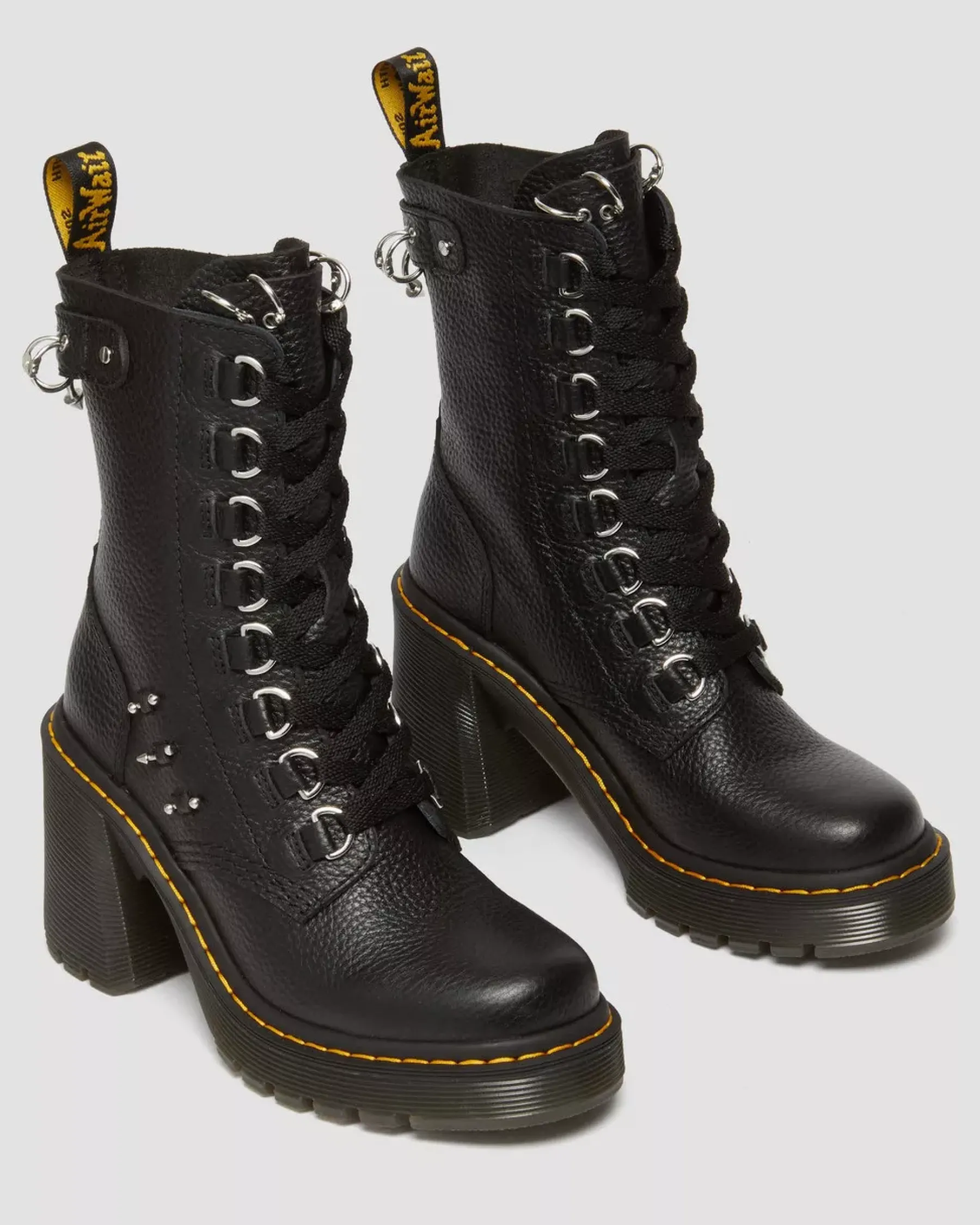 Heeled Boots|Boots>Dr. Martens Chesney Piercing Leather Flared Heel Lace Up Boots Black — Milled Nappa