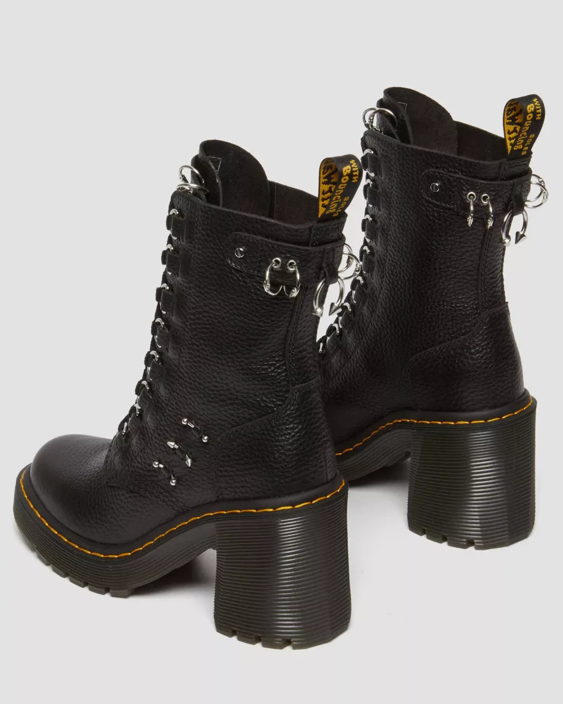 Heeled Boots|Boots>Dr. Martens Chesney Piercing Leather Flared Heel Lace Up Boots Black — Milled Nappa