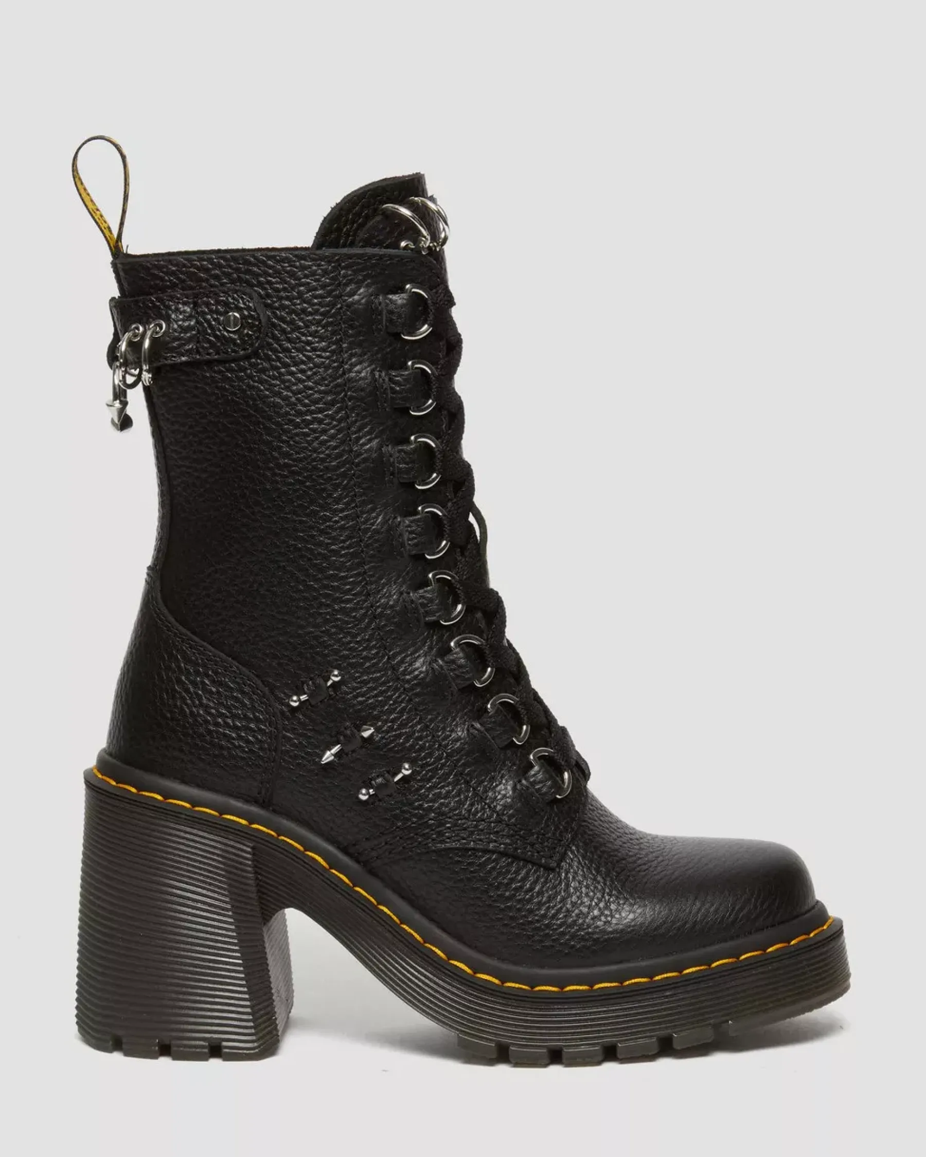 Heeled Boots|Boots>Dr. Martens Chesney Piercing Leather Flared Heel Lace Up Boots Black — Milled Nappa