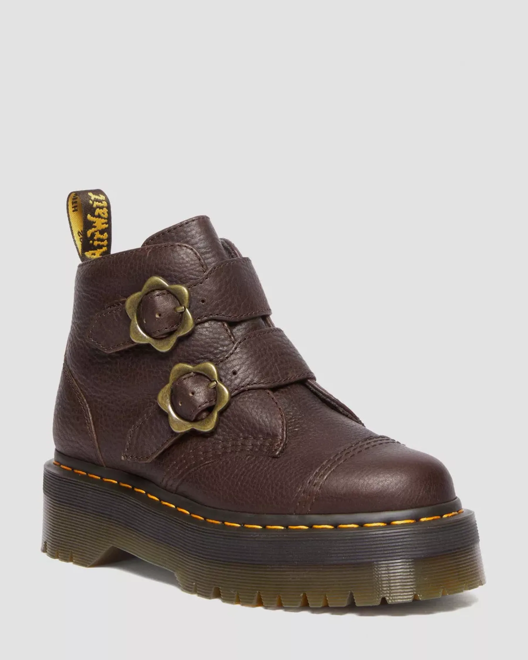 Sale|Platform Boots>Dr. Martens Devon Flower Buckle Grizzly Leather Platform Boots Dark Brown — Grizzly