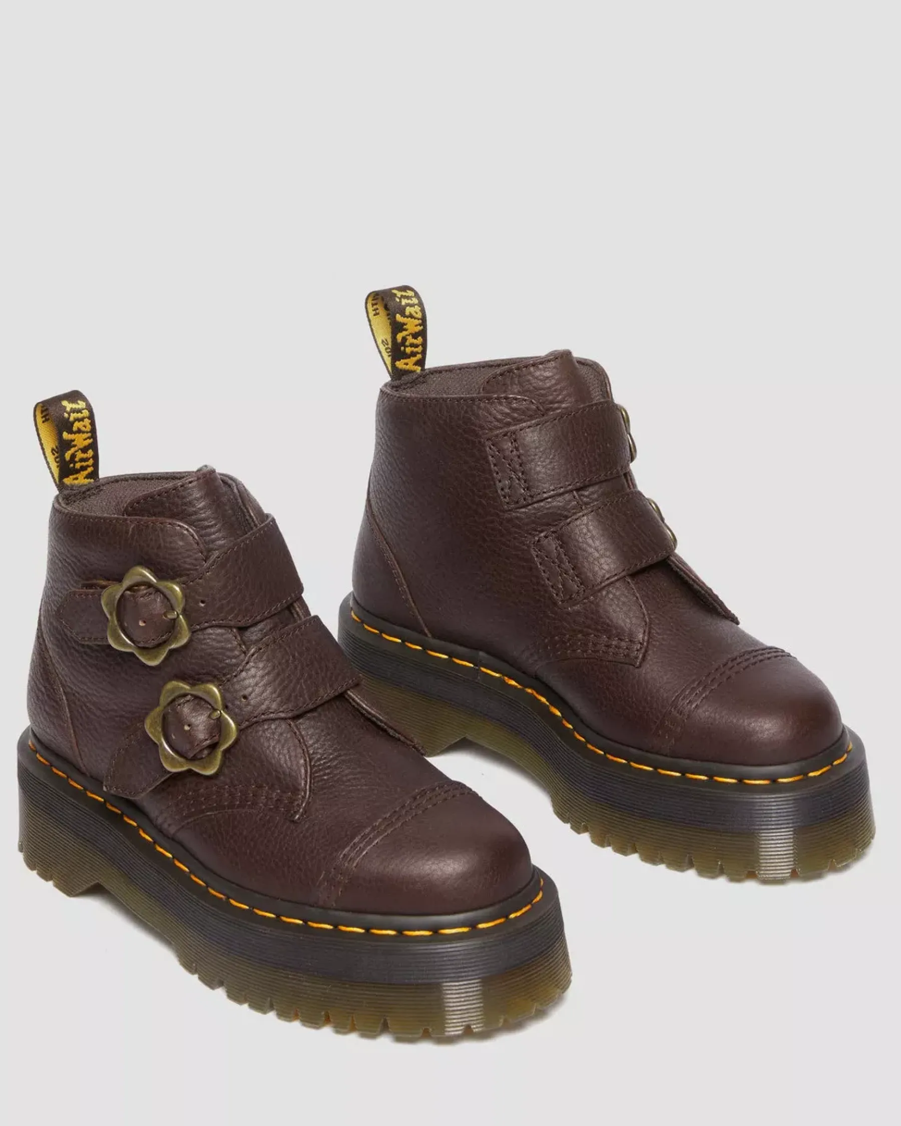 Sale|Platform Boots>Dr. Martens Devon Flower Buckle Grizzly Leather Platform Boots Dark Brown — Grizzly