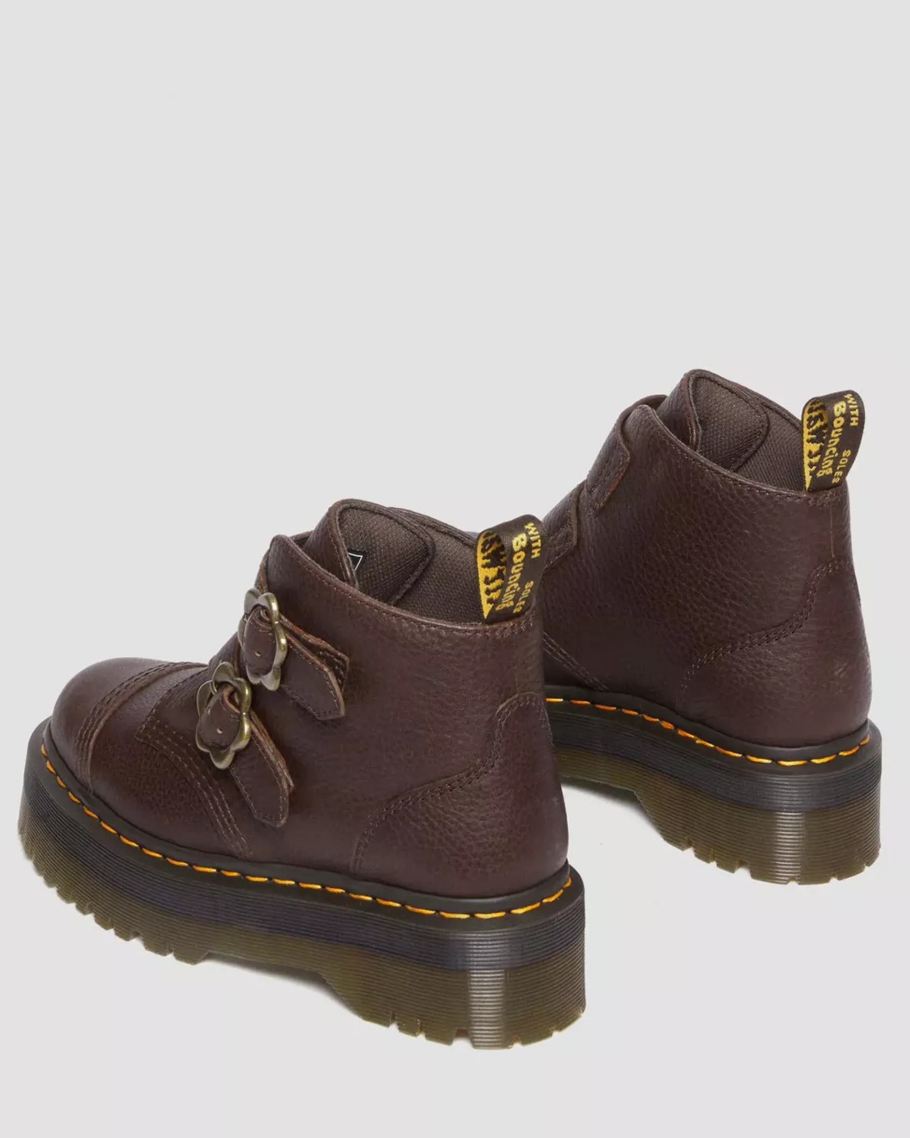 Sale|Platform Boots>Dr. Martens Devon Flower Buckle Grizzly Leather Platform Boots Dark Brown — Grizzly