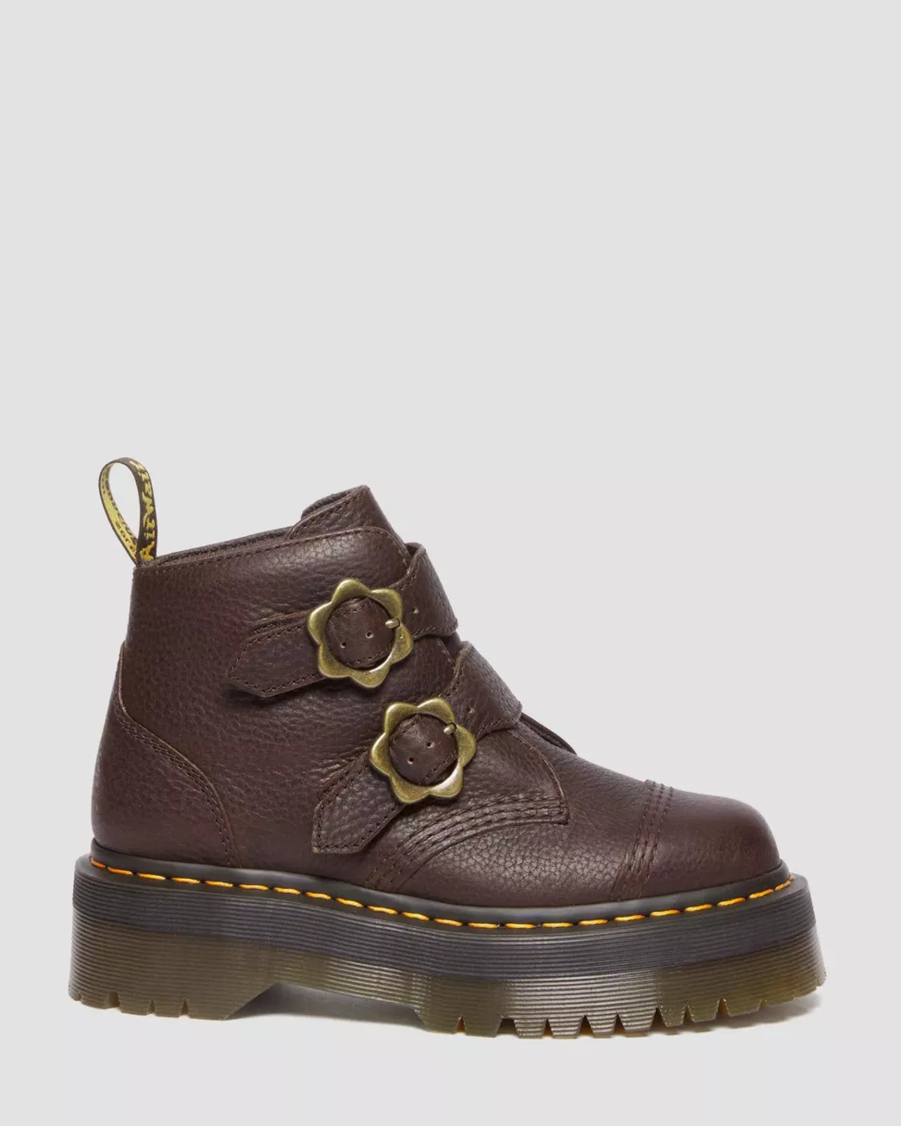 Sale|Platform Boots>Dr. Martens Devon Flower Buckle Grizzly Leather Platform Boots Dark Brown — Grizzly