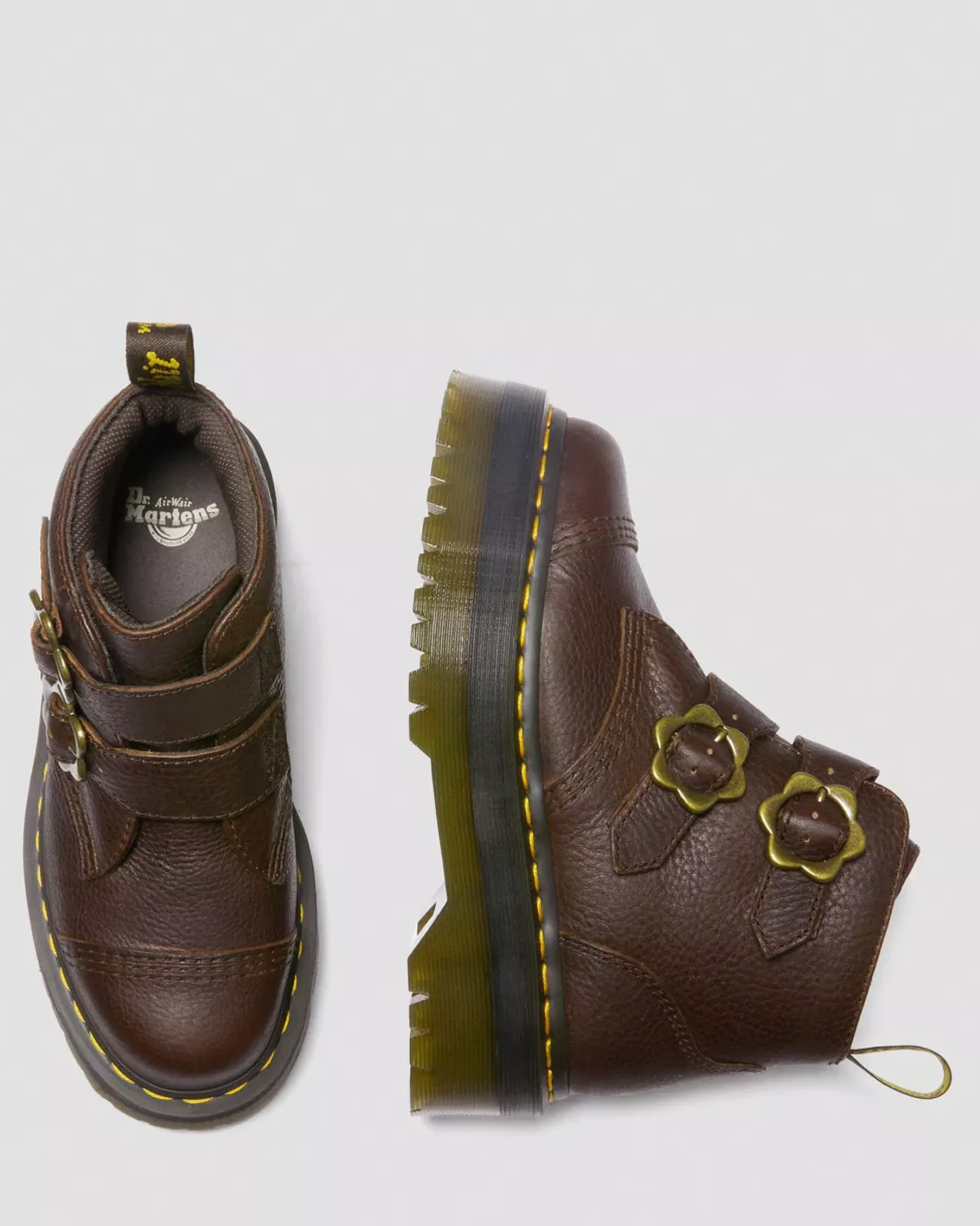 Sale|Platform Boots>Dr. Martens Devon Flower Buckle Grizzly Leather Platform Boots Dark Brown — Grizzly