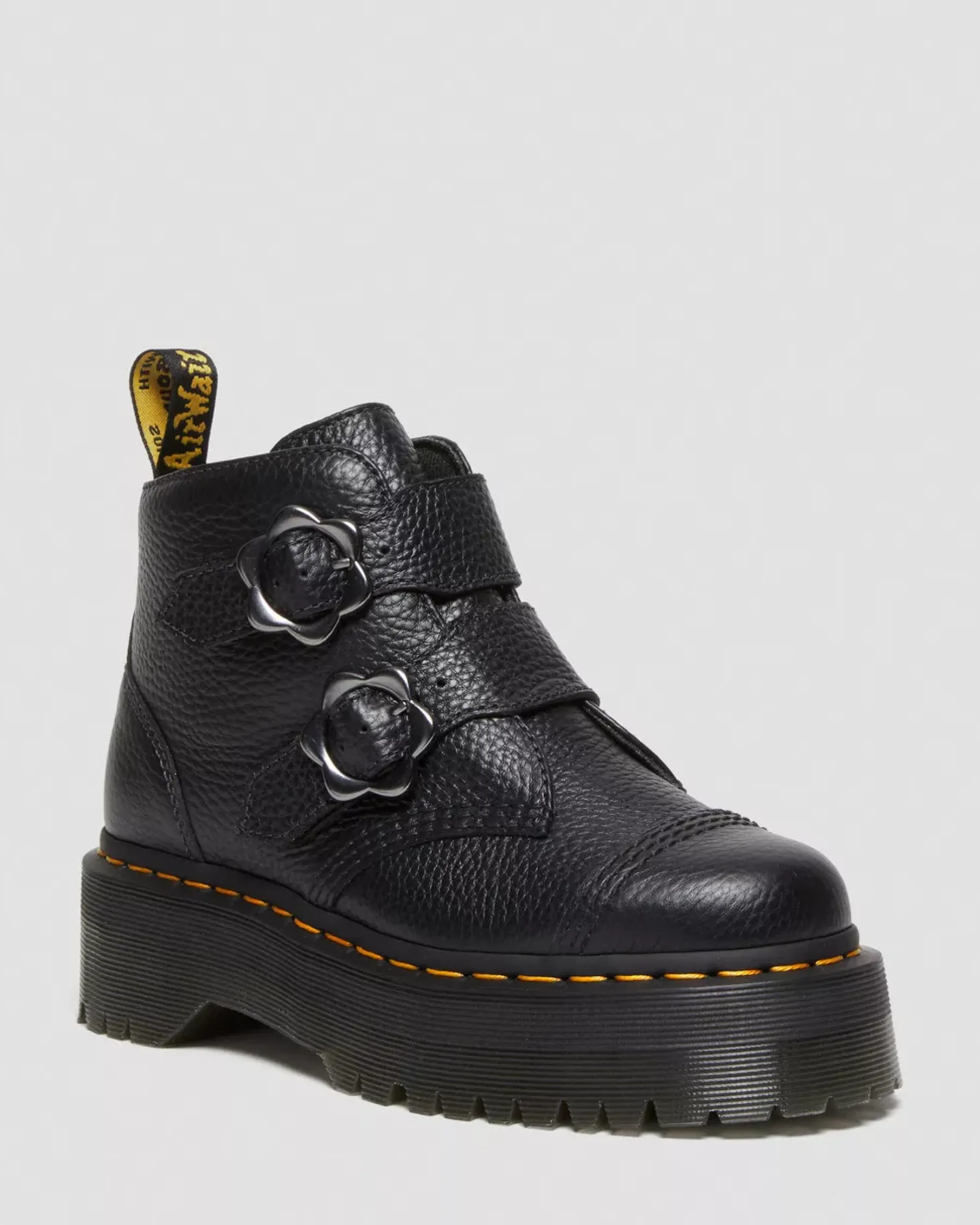 Platform Boots|Platforms>Dr. Martens Devon Flower Buckle Leather Platform Boots Black — Milled Nappa