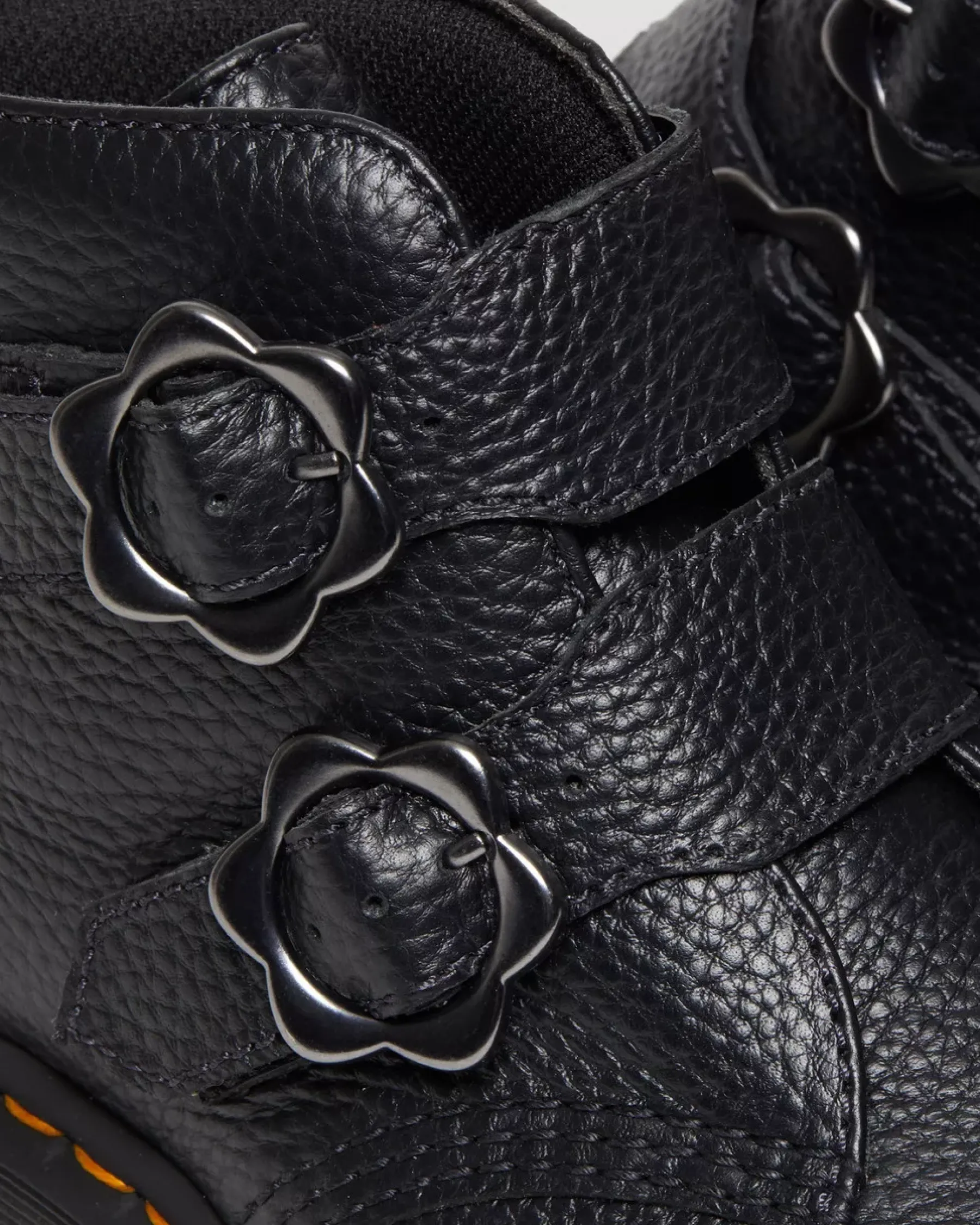 Platform Boots|Platforms>Dr. Martens Devon Flower Buckle Leather Platform Boots Black — Milled Nappa
