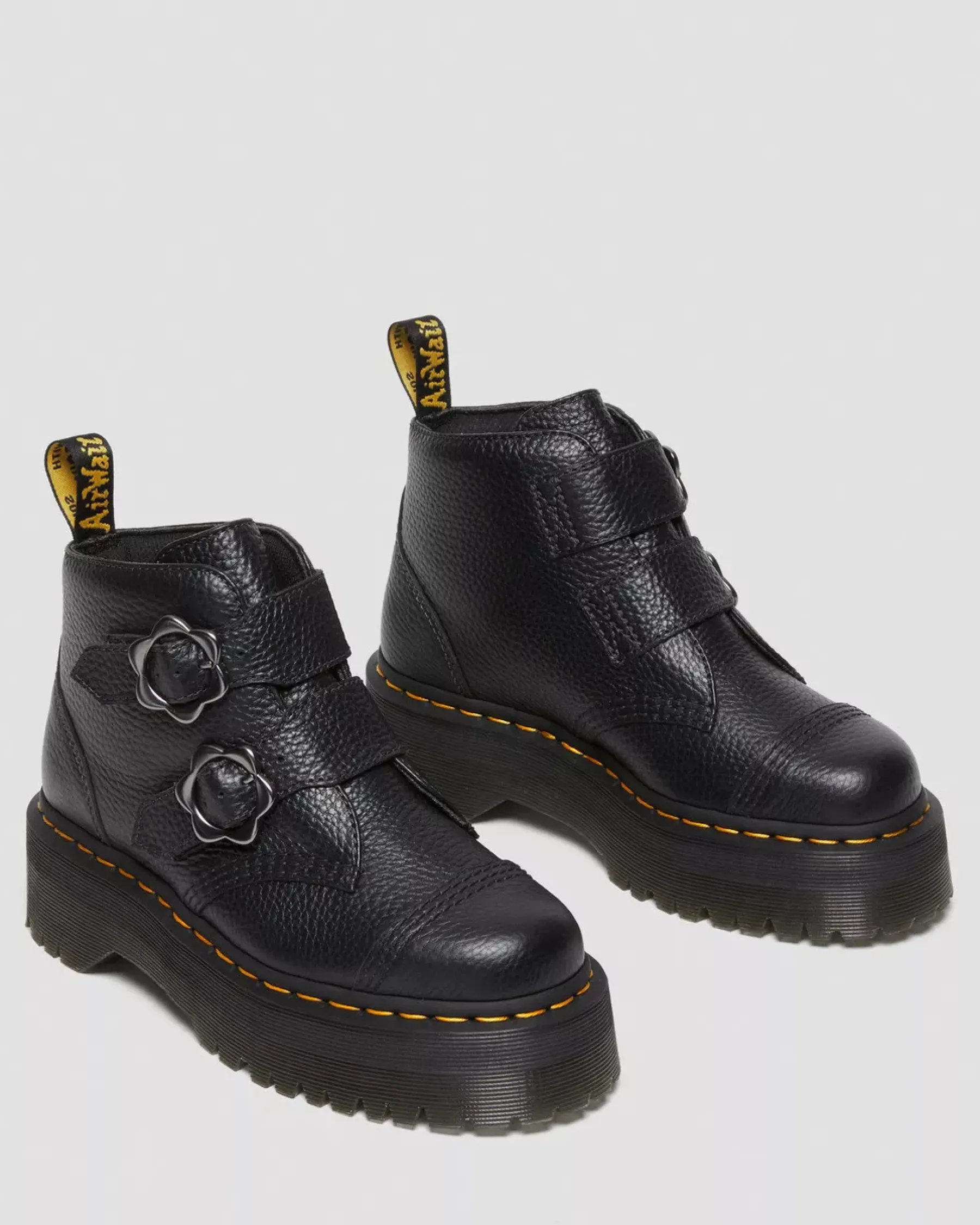 Platform Boots|Platforms>Dr. Martens Devon Flower Buckle Leather Platform Boots Black — Milled Nappa