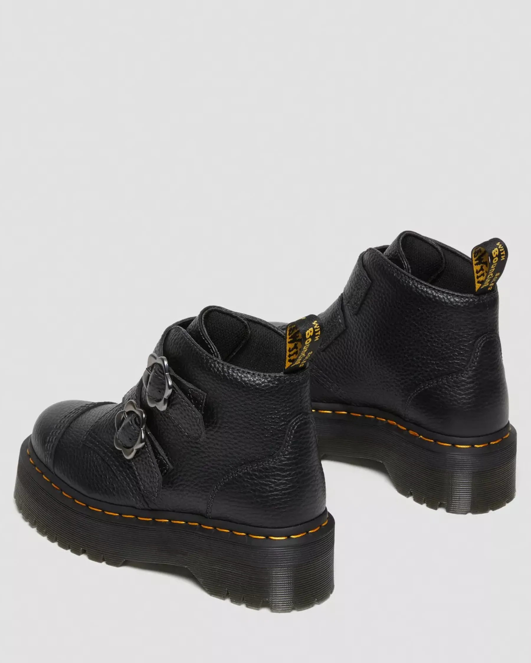 Platform Boots|Platforms>Dr. Martens Devon Flower Buckle Leather Platform Boots Black — Milled Nappa