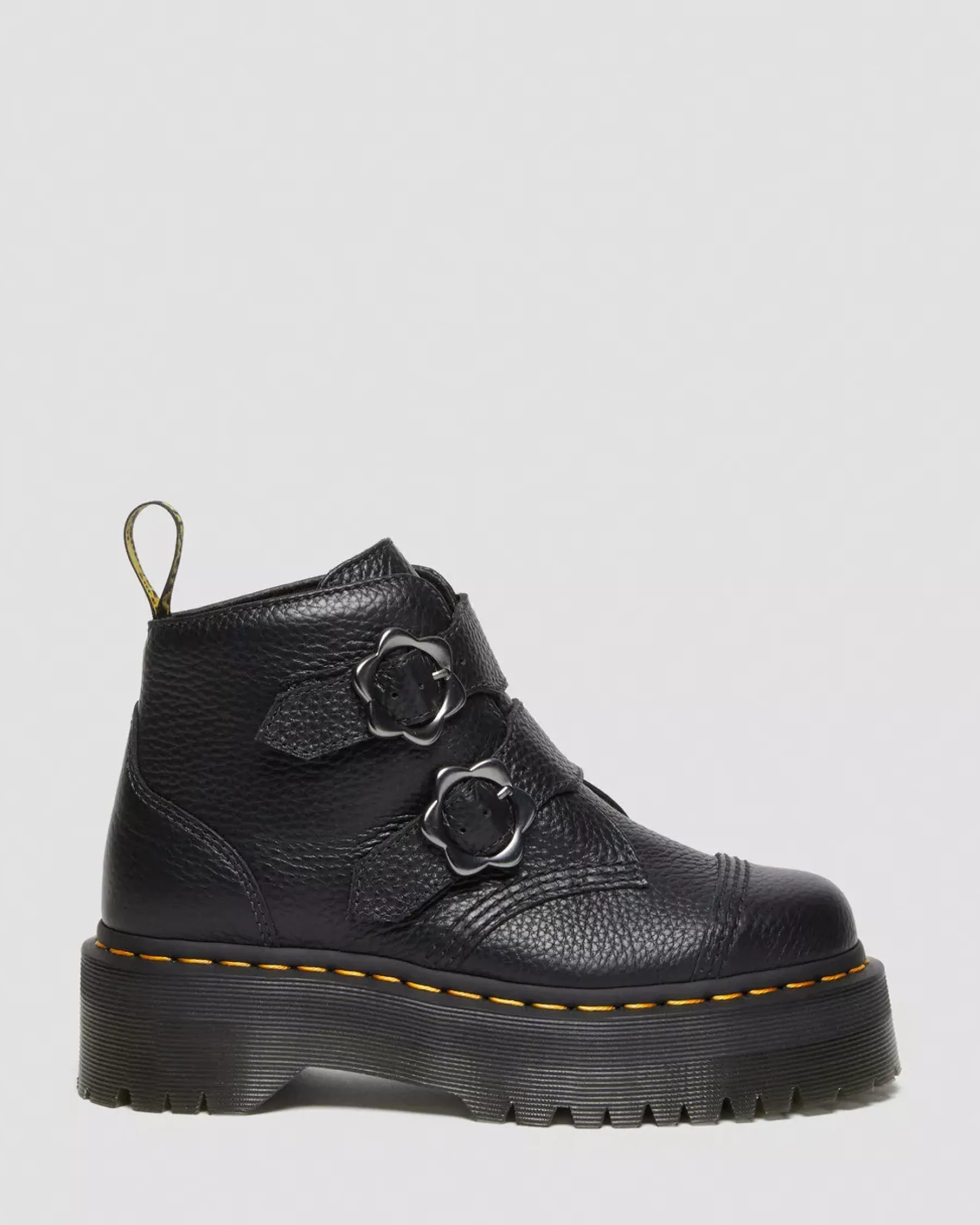 Platform Boots|Platforms>Dr. Martens Devon Flower Buckle Leather Platform Boots Black — Milled Nappa