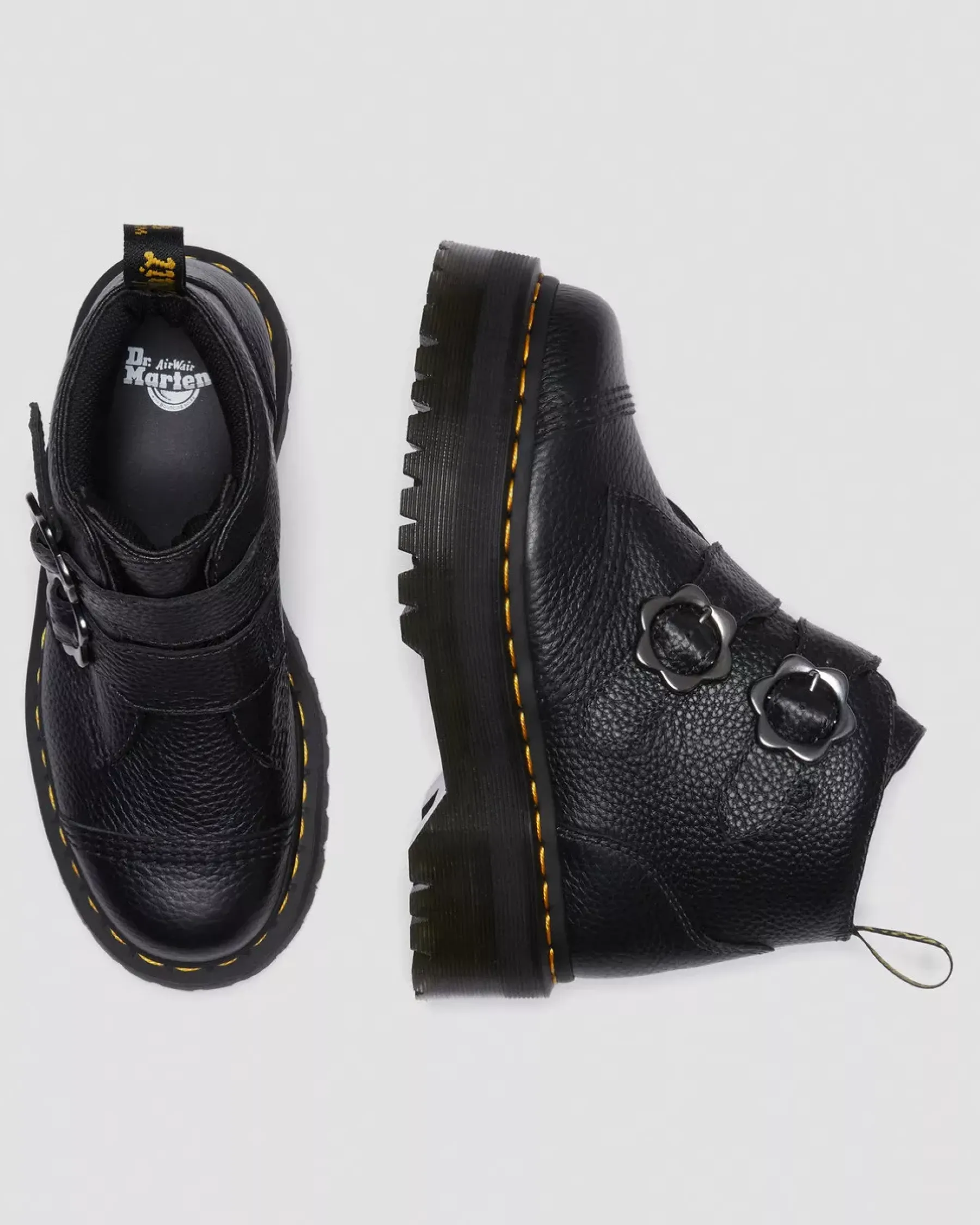 Platform Boots|Platforms>Dr. Martens Devon Flower Buckle Leather Platform Boots Black — Milled Nappa