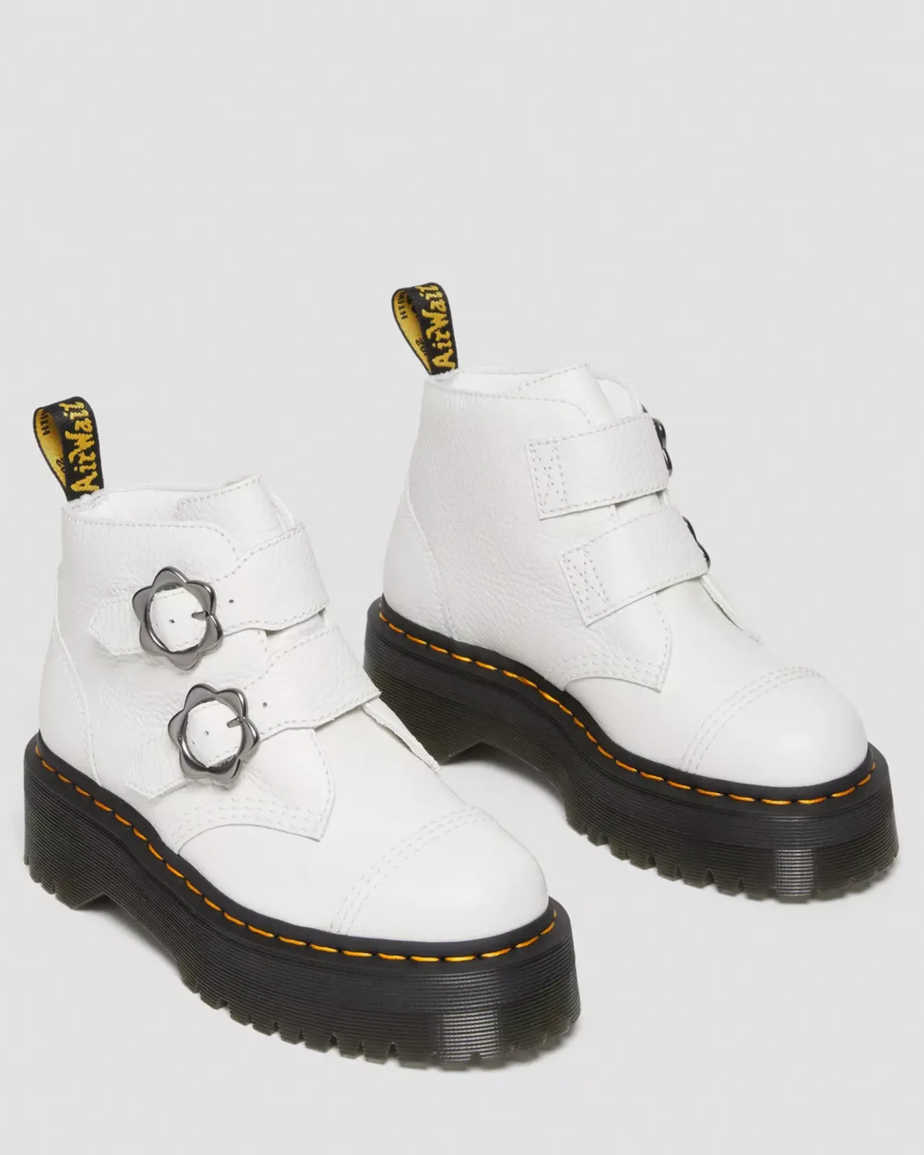 Sale|Platform Boots>Dr. Martens Devon Flower Buckle Leather Platform Boots White — Milled Nappa