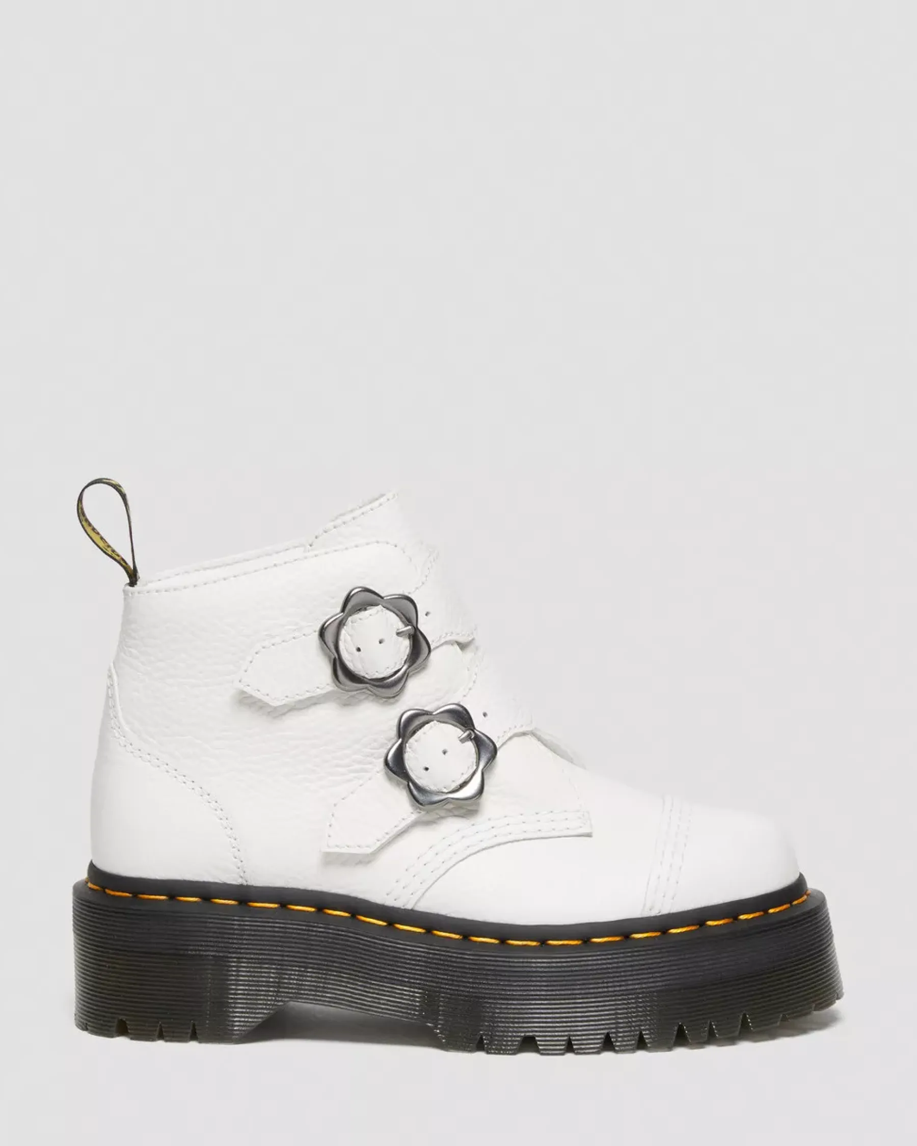 Sale|Platform Boots>Dr. Martens Devon Flower Buckle Leather Platform Boots White — Milled Nappa