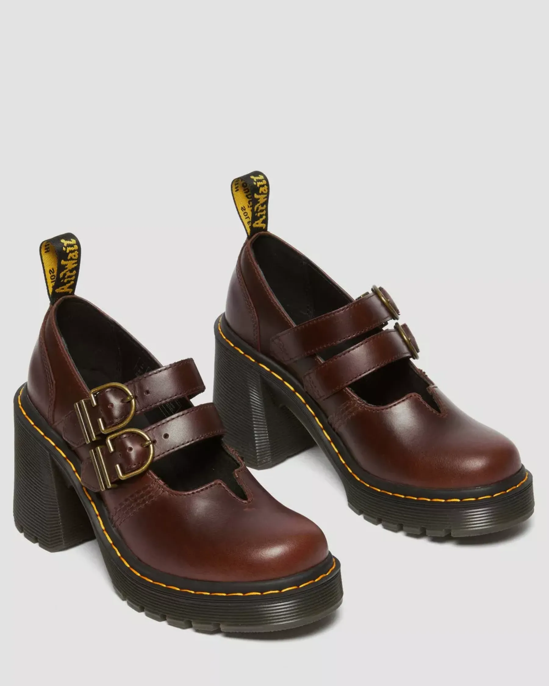 Heeled Boots|Mary Janes>Dr. Martens Eviee Leather Mary Jane Heeled Shoes Dark Brown