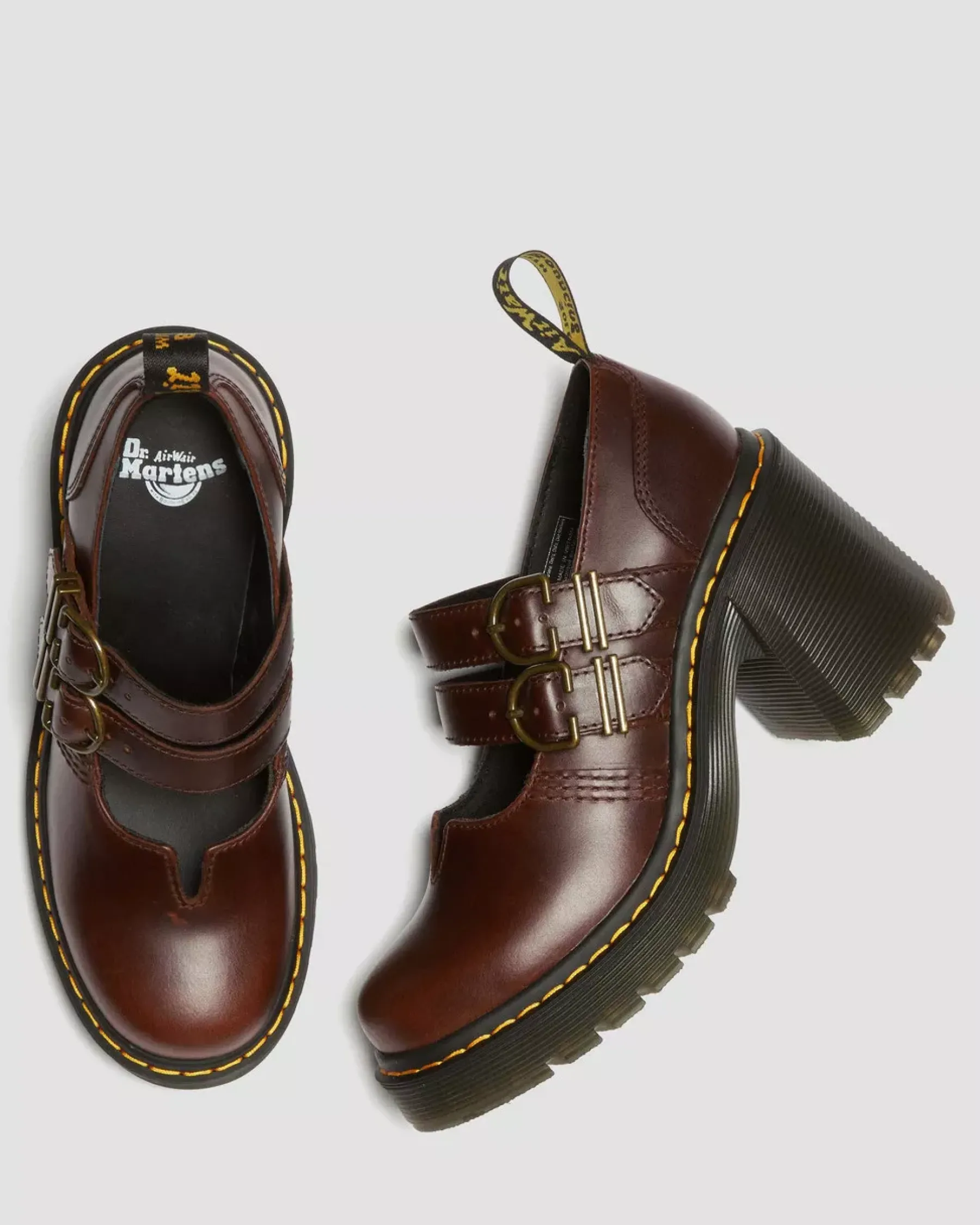 Heeled Boots|Mary Janes>Dr. Martens Eviee Leather Mary Jane Heeled Shoes Dark Brown