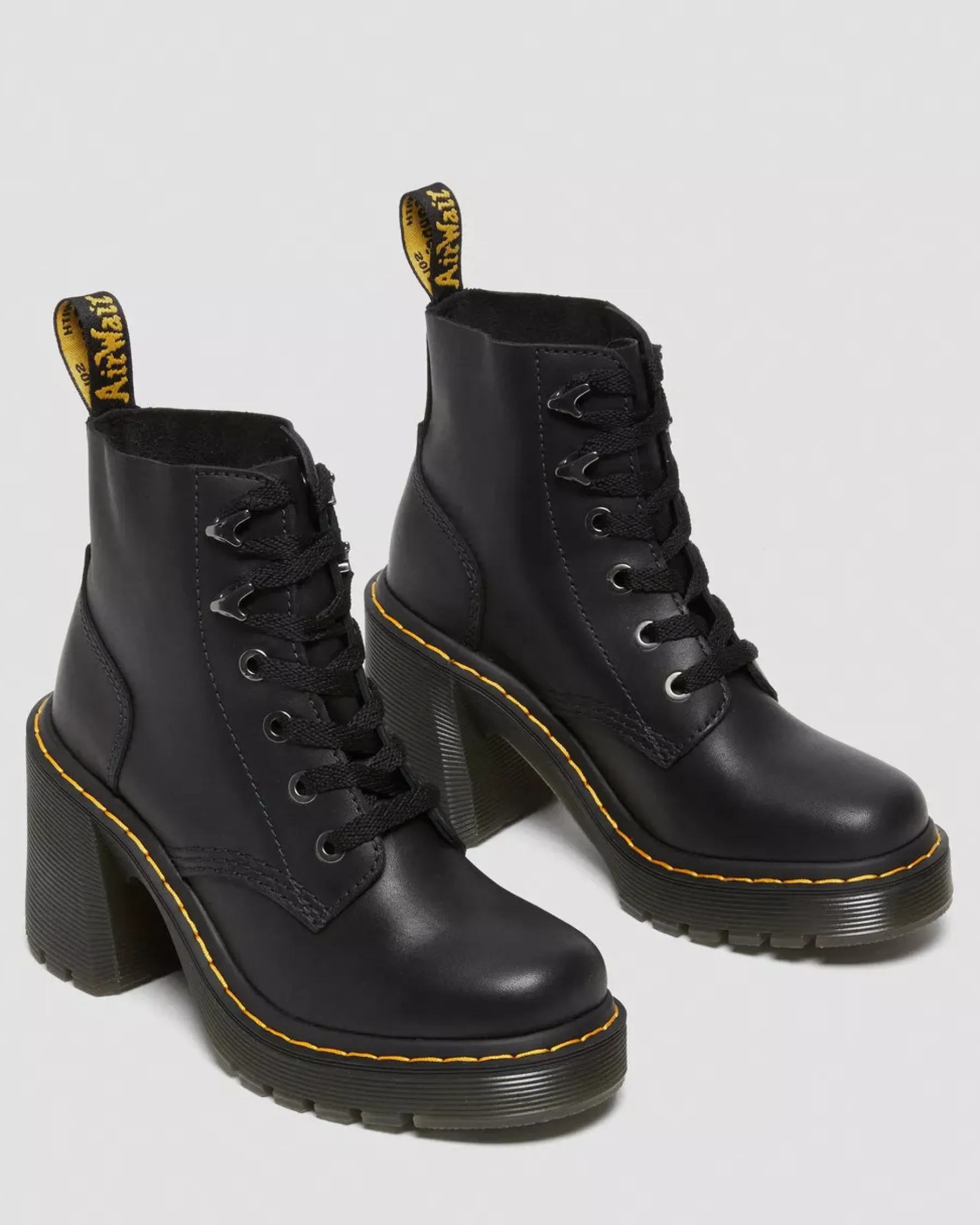 Platform Boots|Heeled Boots>Dr. Martens Jesy Sendal Leather Lace Up Flared Heel Boots Black — Sendal