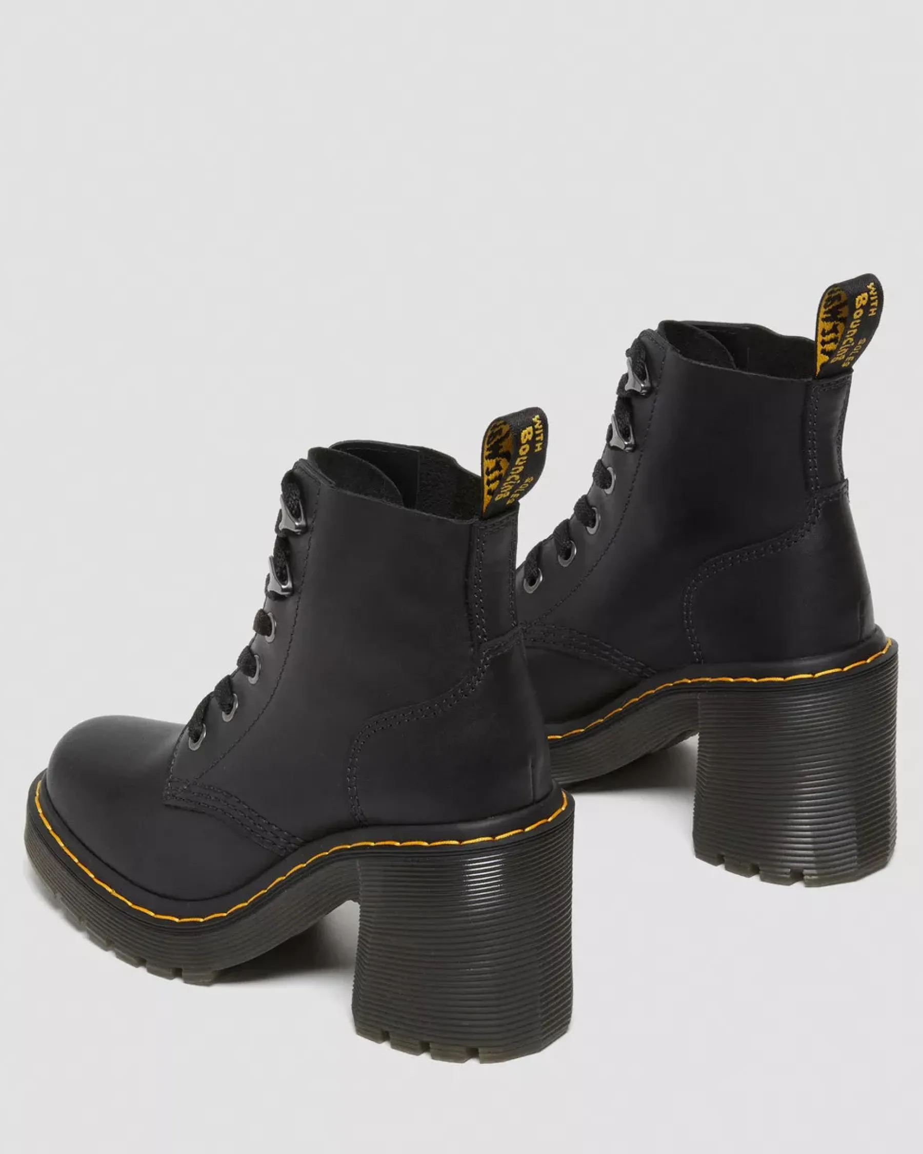 Platform Boots|Heeled Boots>Dr. Martens Jesy Sendal Leather Lace Up Flared Heel Boots Black — Sendal