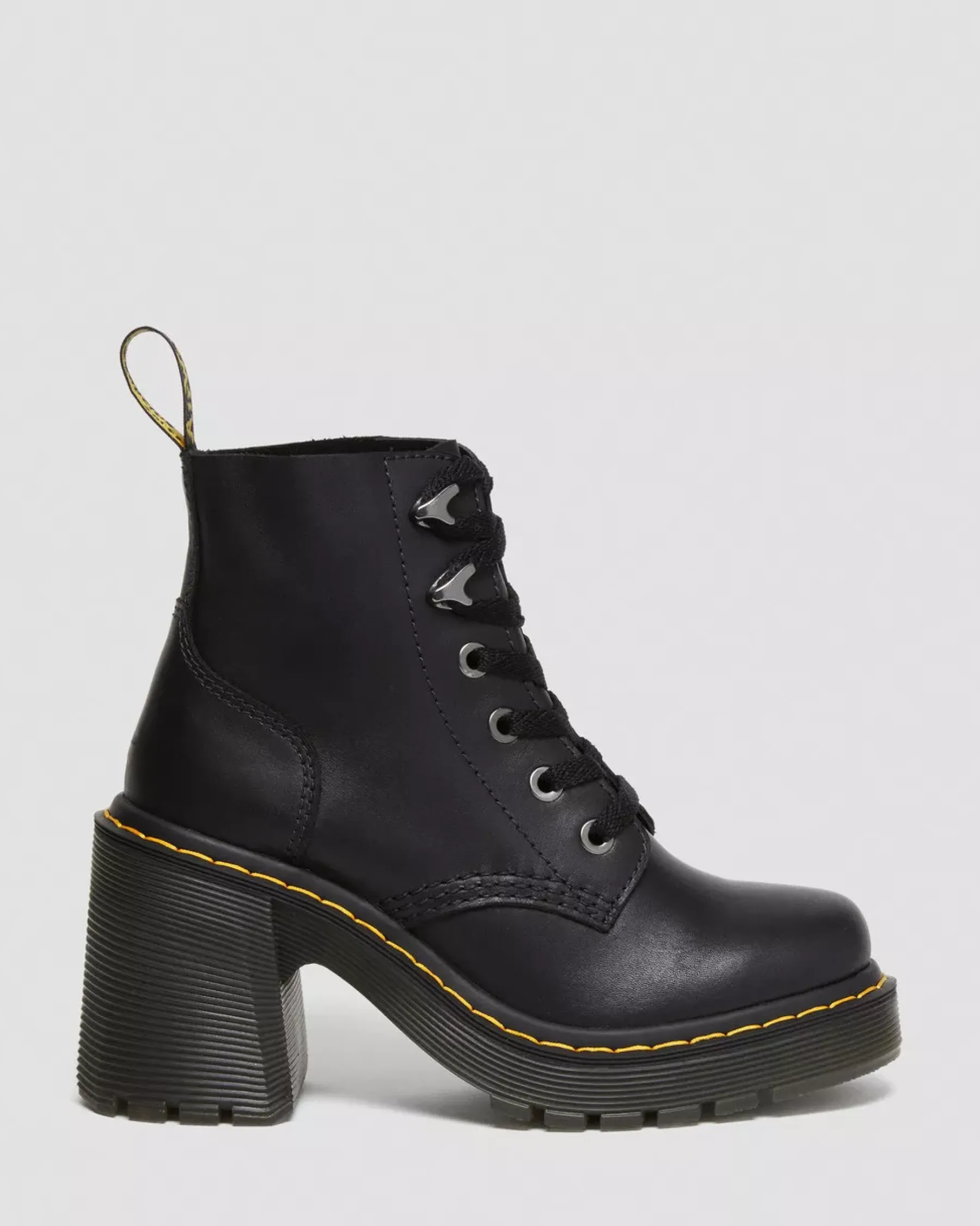 Platform Boots|Heeled Boots>Dr. Martens Jesy Sendal Leather Lace Up Flared Heel Boots Black — Sendal