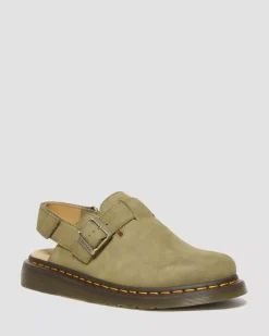 Mules & Slides|Sandals>Dr. Martens Jorge II Tumbled Nubuck Leather Slingback Mules Muted Olive — Tumbled Nubuck