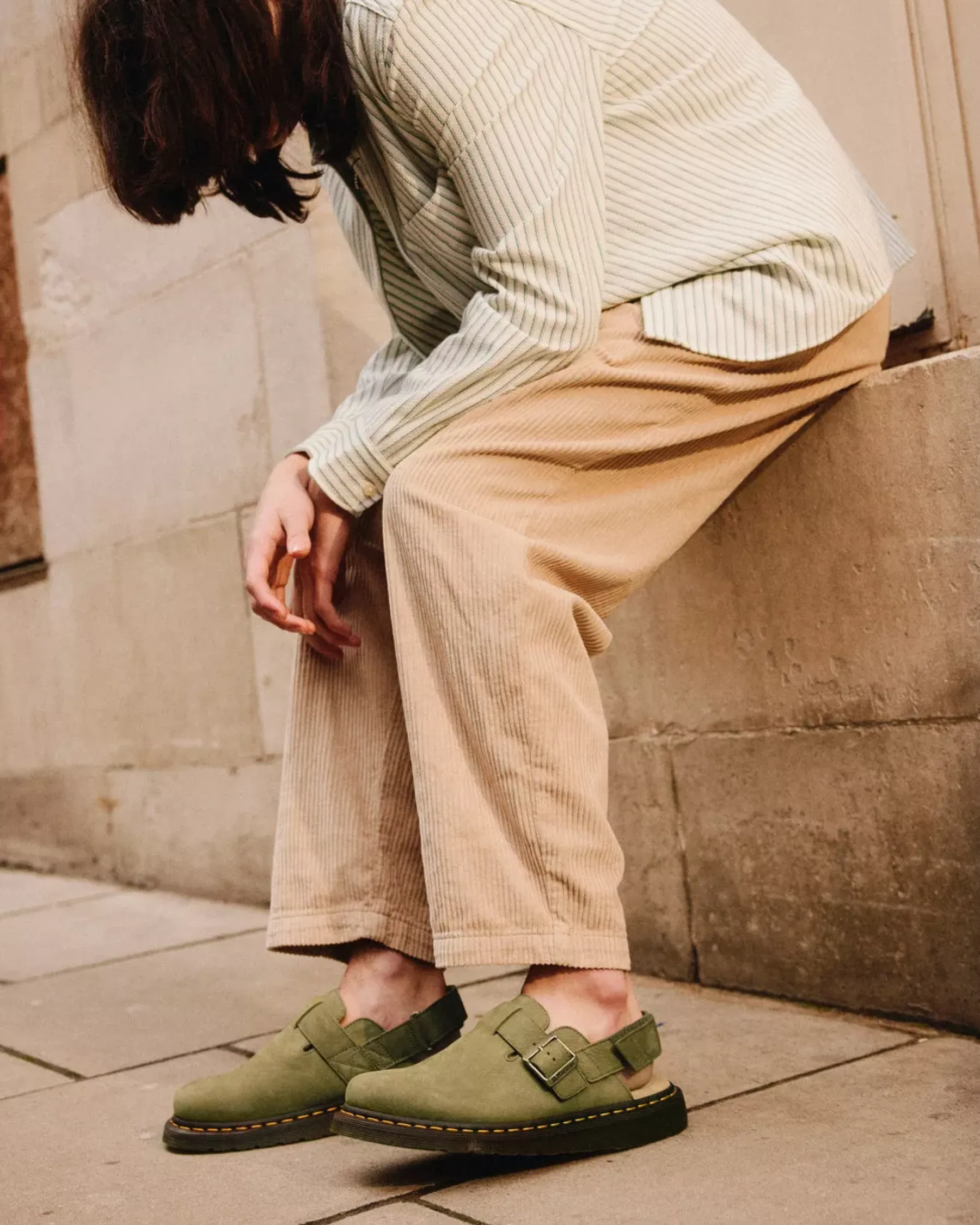 Mules & Slides|Sandals>Dr. Martens Jorge II Tumbled Nubuck Leather Slingback Mules Muted Olive — Tumbled Nubuck