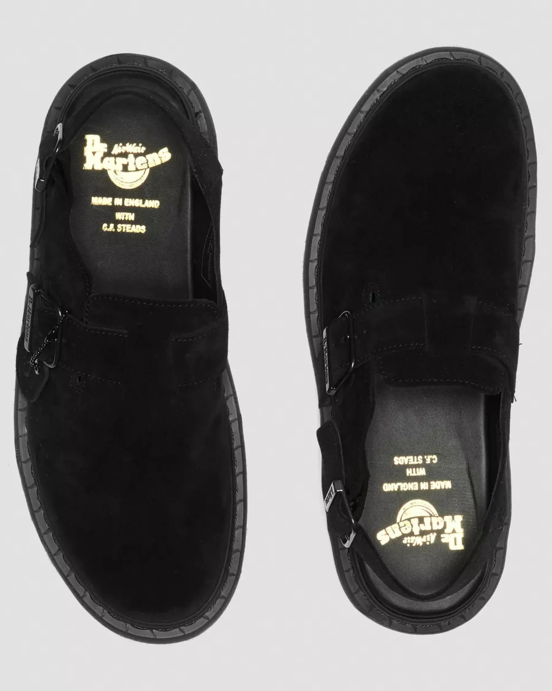 Mules & Slides|Sandals>Dr. Martens Jorge Made in England Suede Slingback Mules Black — Repello Calf Suede (Gum Oil)